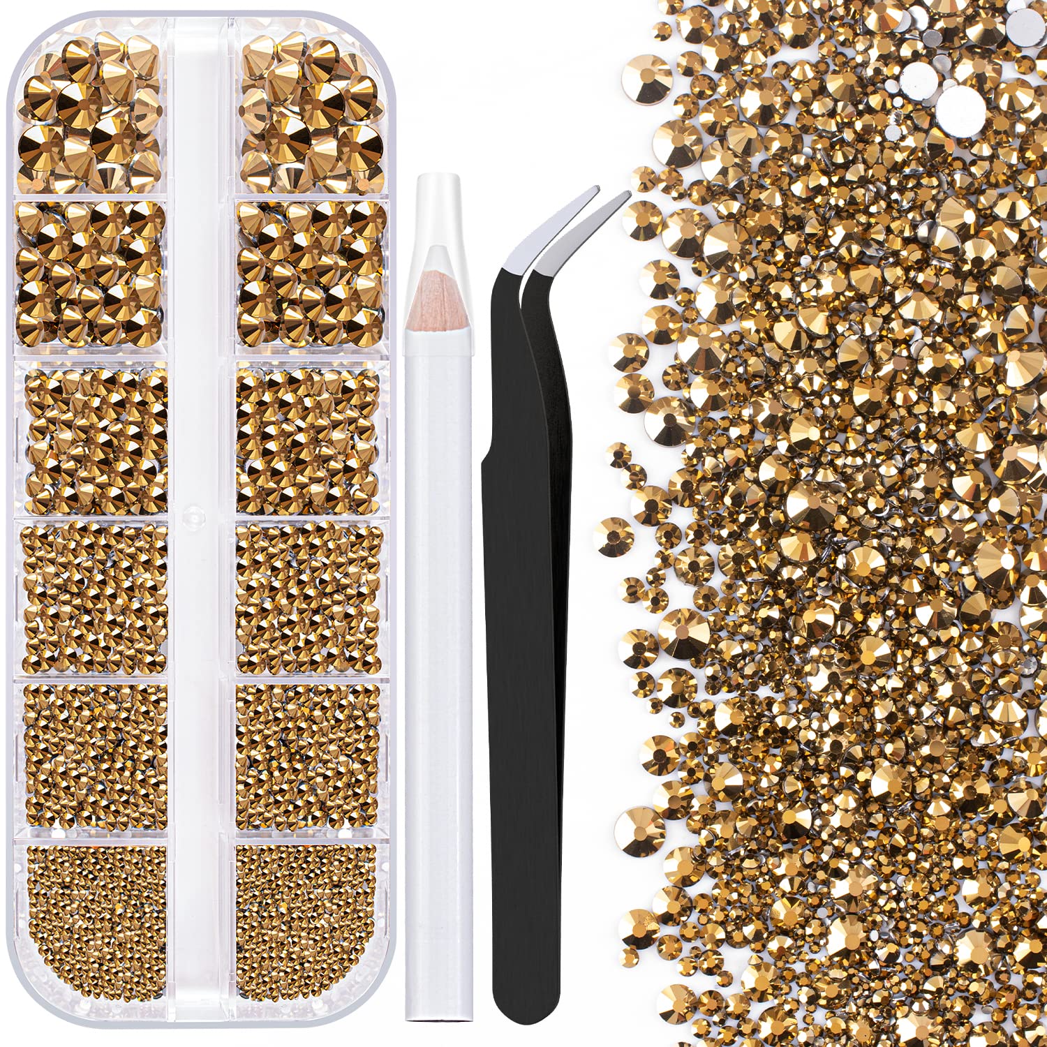 One Pack 2000 Pcs Of Flatback Round Mineral Gold Rhinestones 6 Sizes (15-6 Mm) With Nail Art Rhinestone Picker Pencil And Tweeze