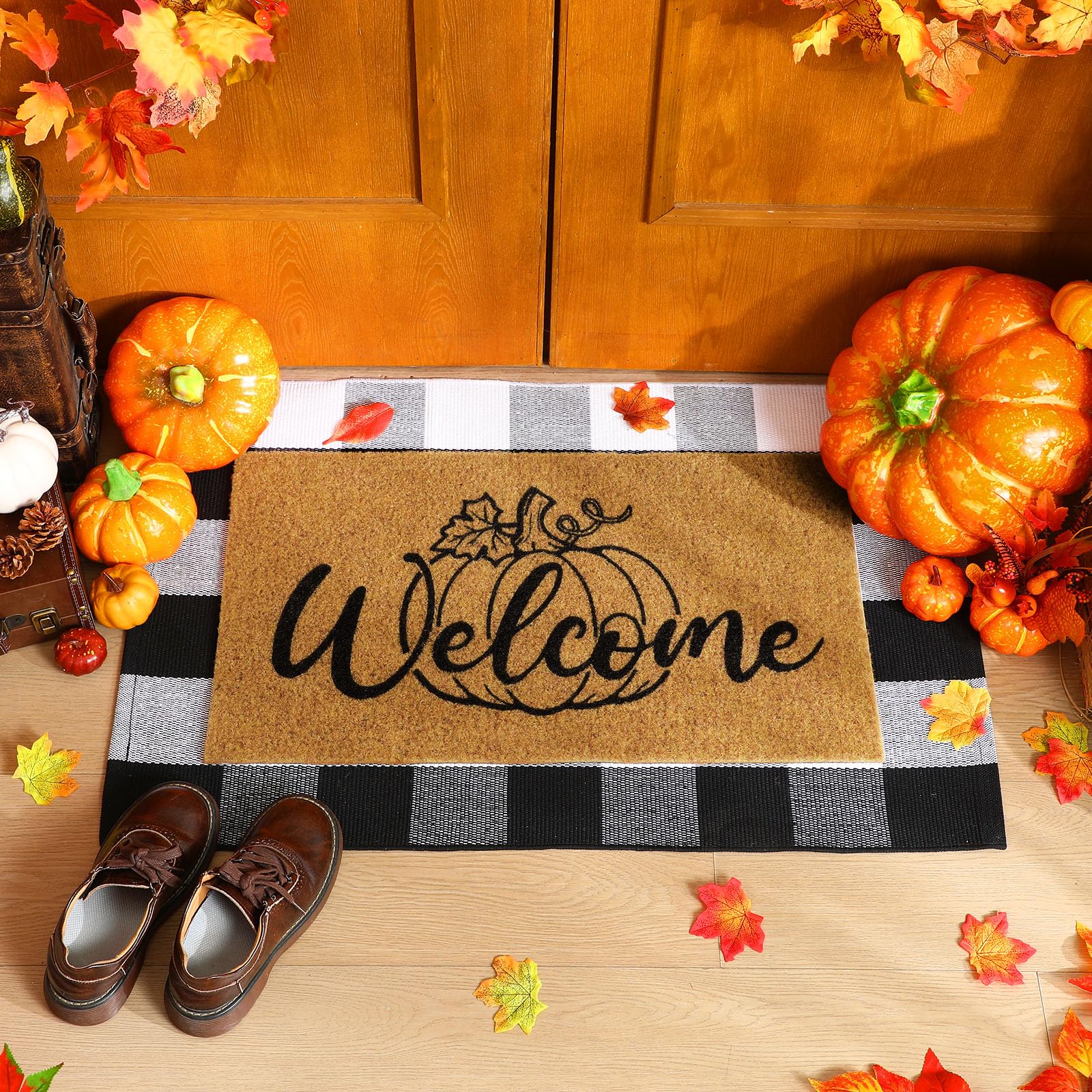 Duraaamo 2Pcs Thanksgiving Coir Door Mat Outdoor Pumpkin Welcome Doormat Fall Layered Buffalo Black and White Checkered Rug Outd