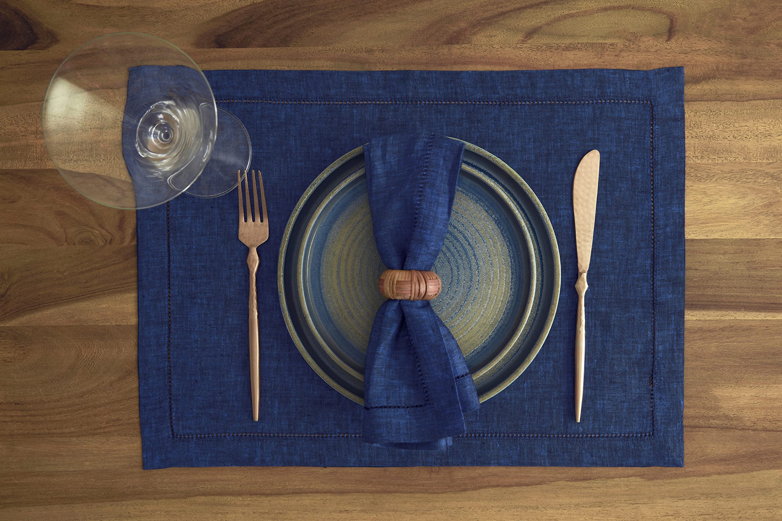 Solino Home Royal Blue Linen Placemats Set of 4 - 100% Pure Linen Placemats 14 x 19 Inch - Milan Hemstitch Tablemats for Memorial Day  Kitchen - Machine Washable and Handcrafted from European Flax