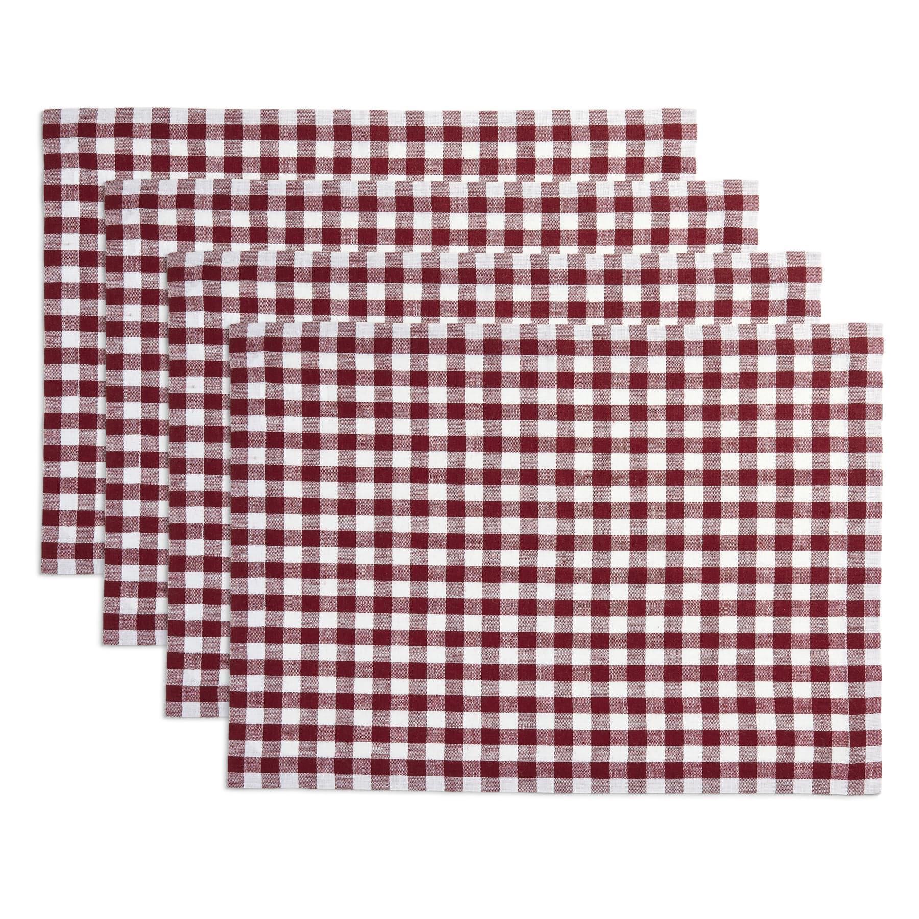 Solino Home Linen Placemats 14 X 19 Inch - 100% Pure Linen Burgundy Plaid Cloth Placemats Set Of 4 - Gingham Check, Washable Fab