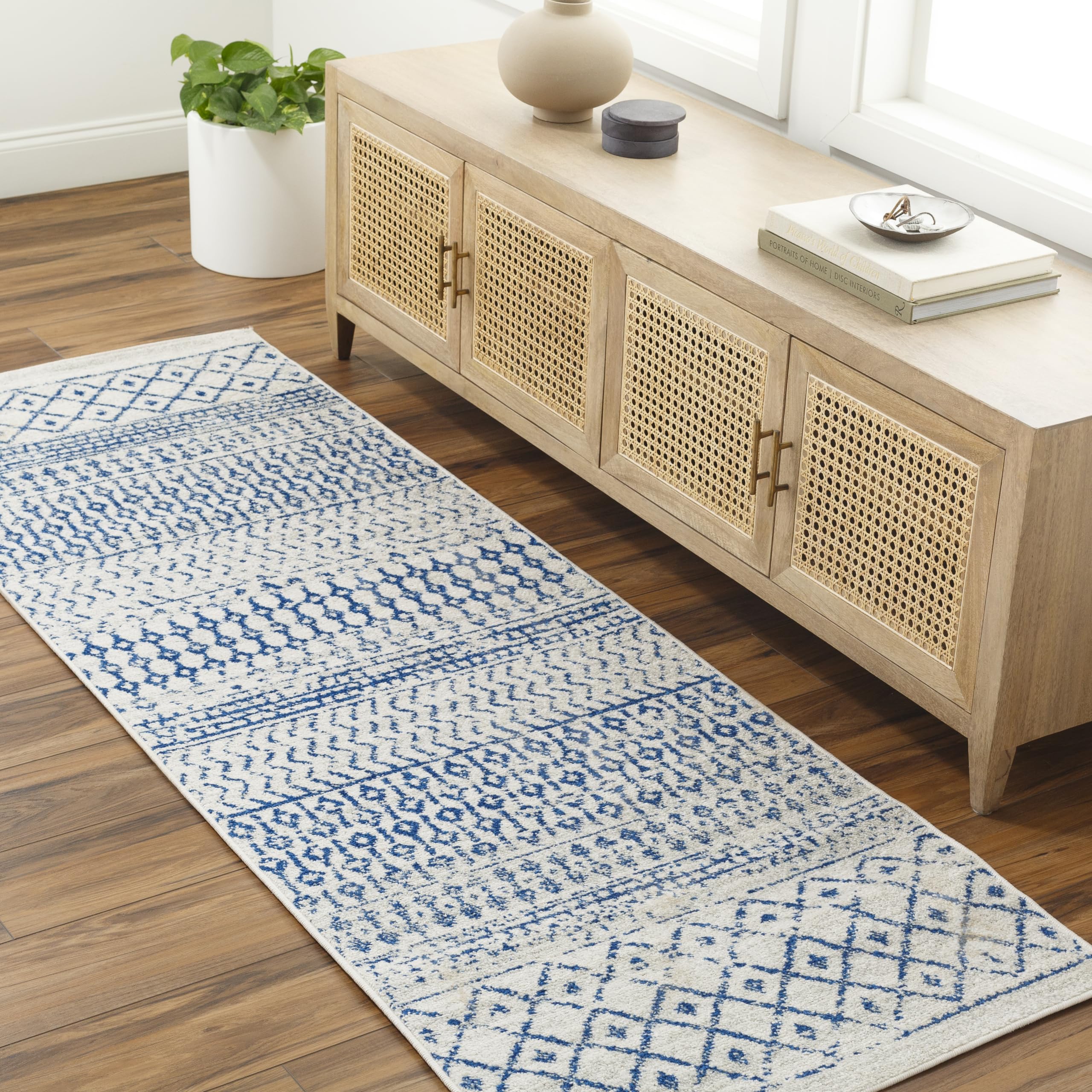 Livabliss Area Rugs - 2x14 Chester Boho Moroccan Cream Runner Rug for Living Room Bedroom - Blue Slate Gray Geometric Stain Resi