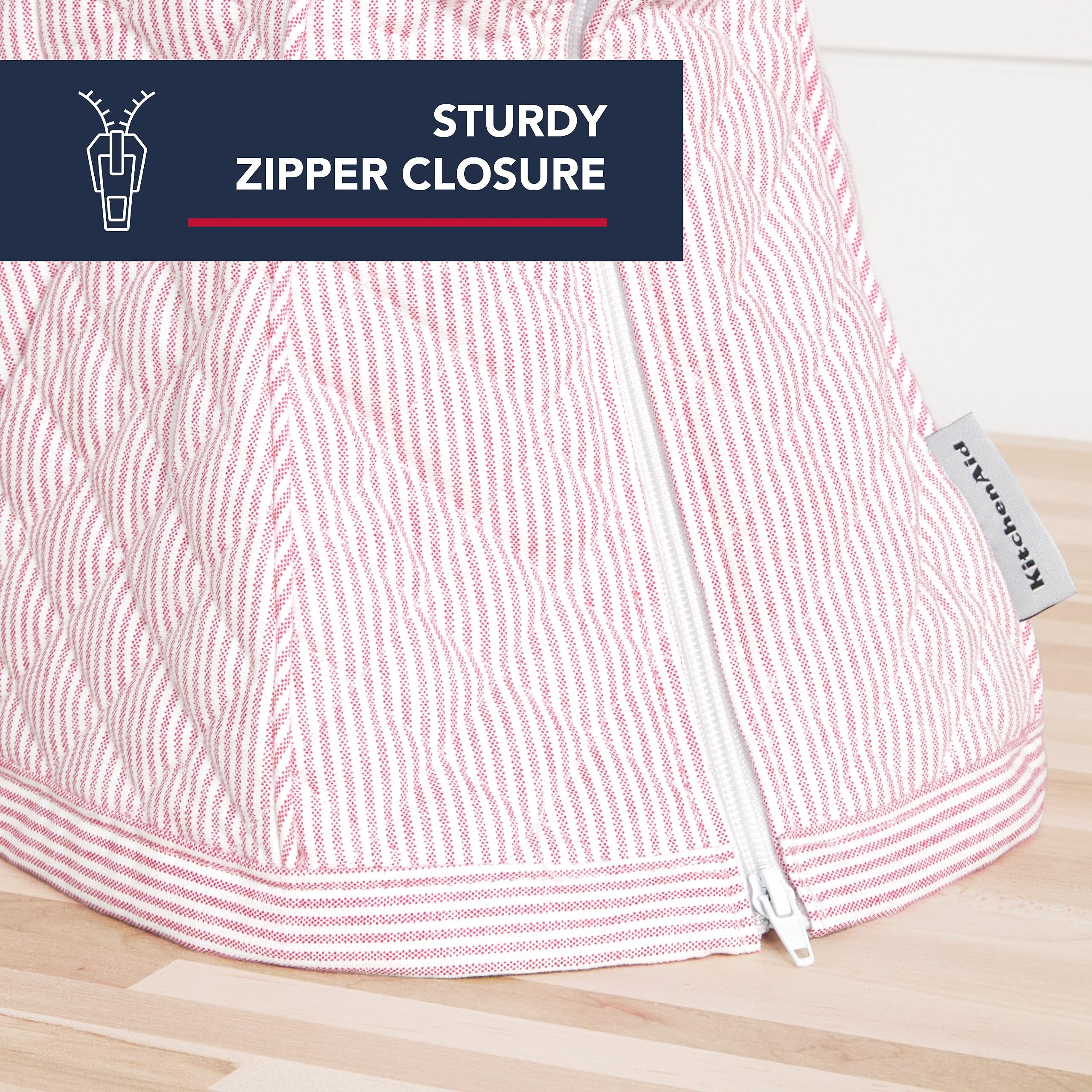 Kitchenaid Fitted Tilt-Head Ticking Stripe Stand Mixer Cover With Storage Pocket, Quilted 100% Cotton, Hibiscus Pink, 14.4''X18'