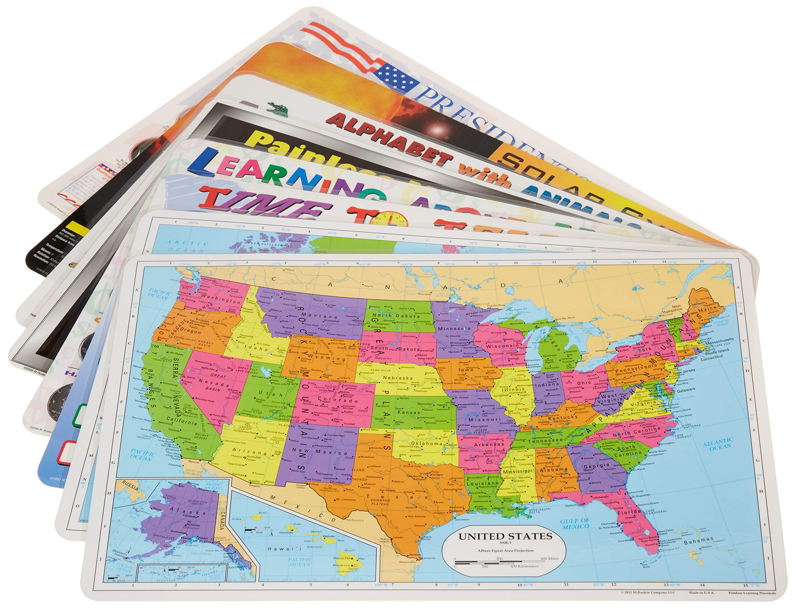 Painless Learning Educational Placemats For Kids Usa And World Map, Time And Money, Alphabet, Us Presidents, Solar System, Multi