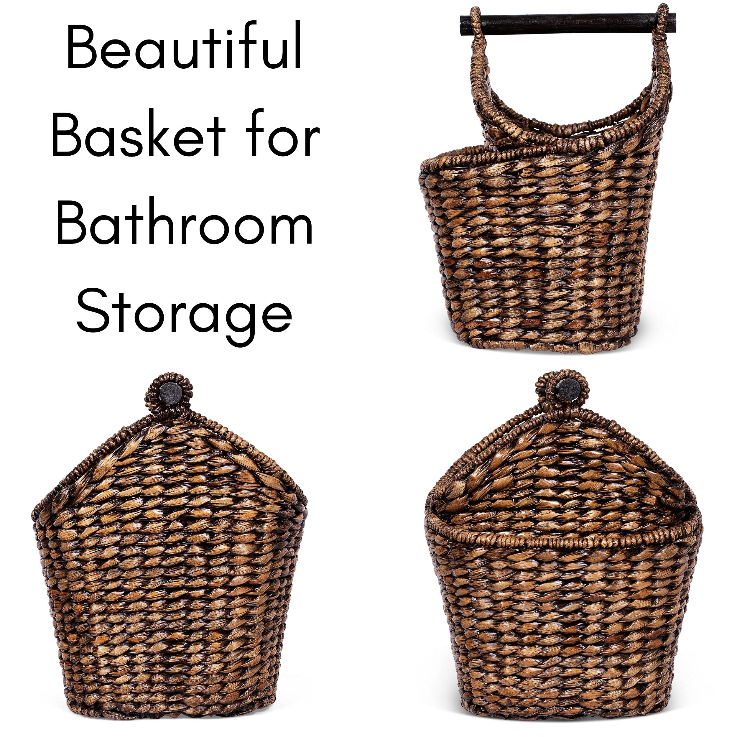 Birdrock Home Seagrass Magazine And Bathroom Basket - Hand Woven Toilet Paper Holder With Pocket - Grey Wash - Stylish Decorativ