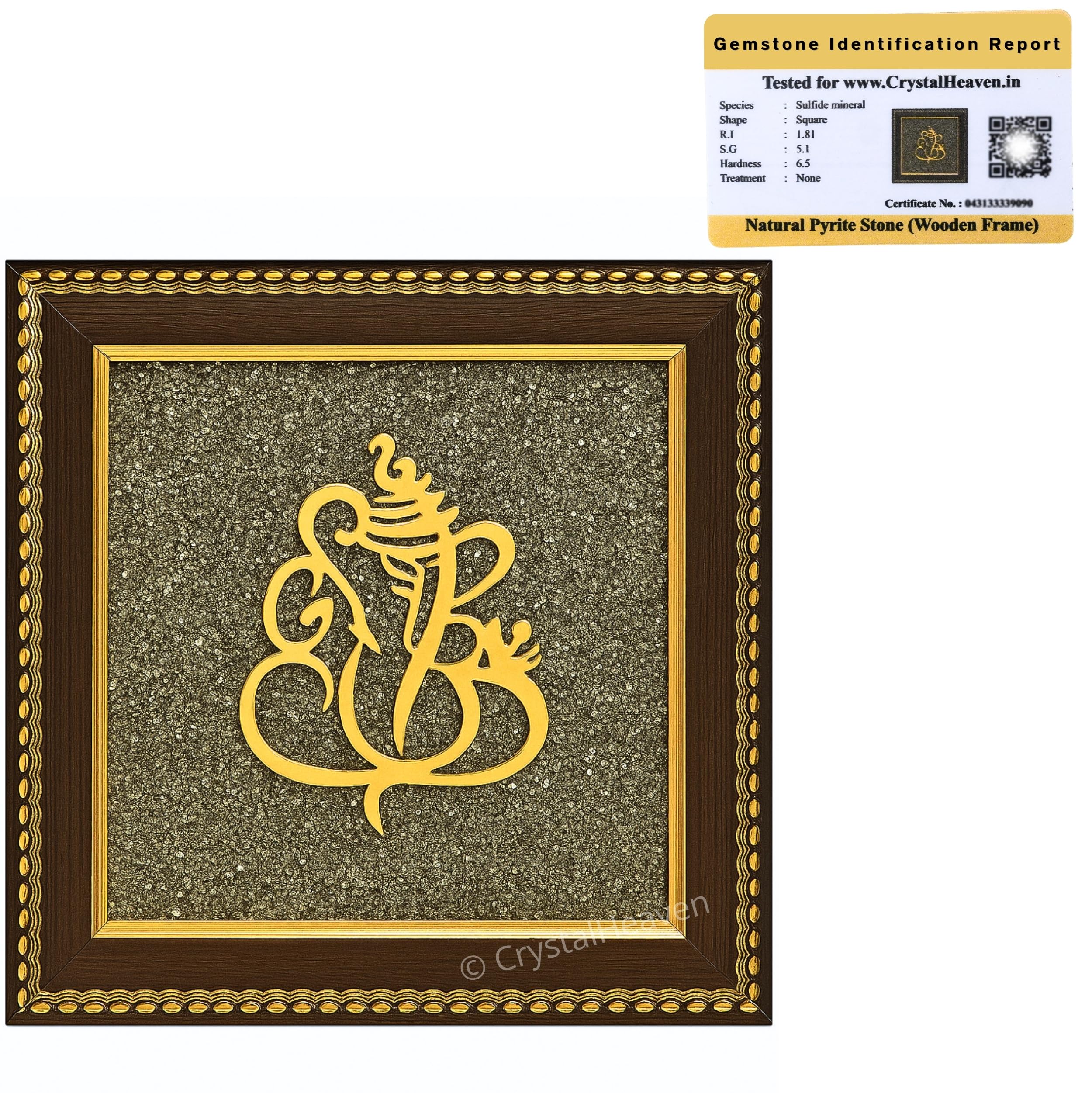 Crystal Heaven Pyrite Stone Frame With Ganesha To Attract Money, Protection And Chakra Healing - Wooden Photo Frame Wall Decor I