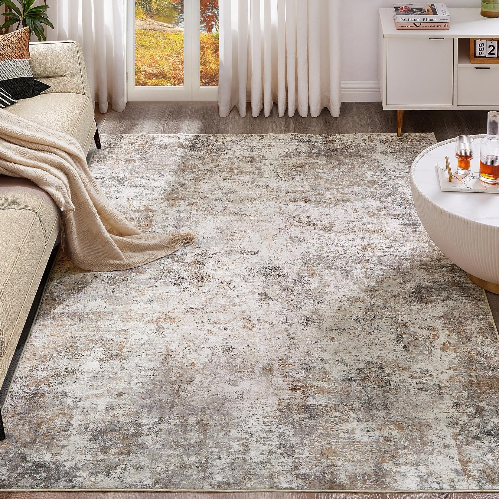UERMEI 10x12 Area Rug Living Room Rugs - Washable Neutral Modern Abstract Soft Thin Large Rug Indoor Floor No Slip Rug Carpet fo