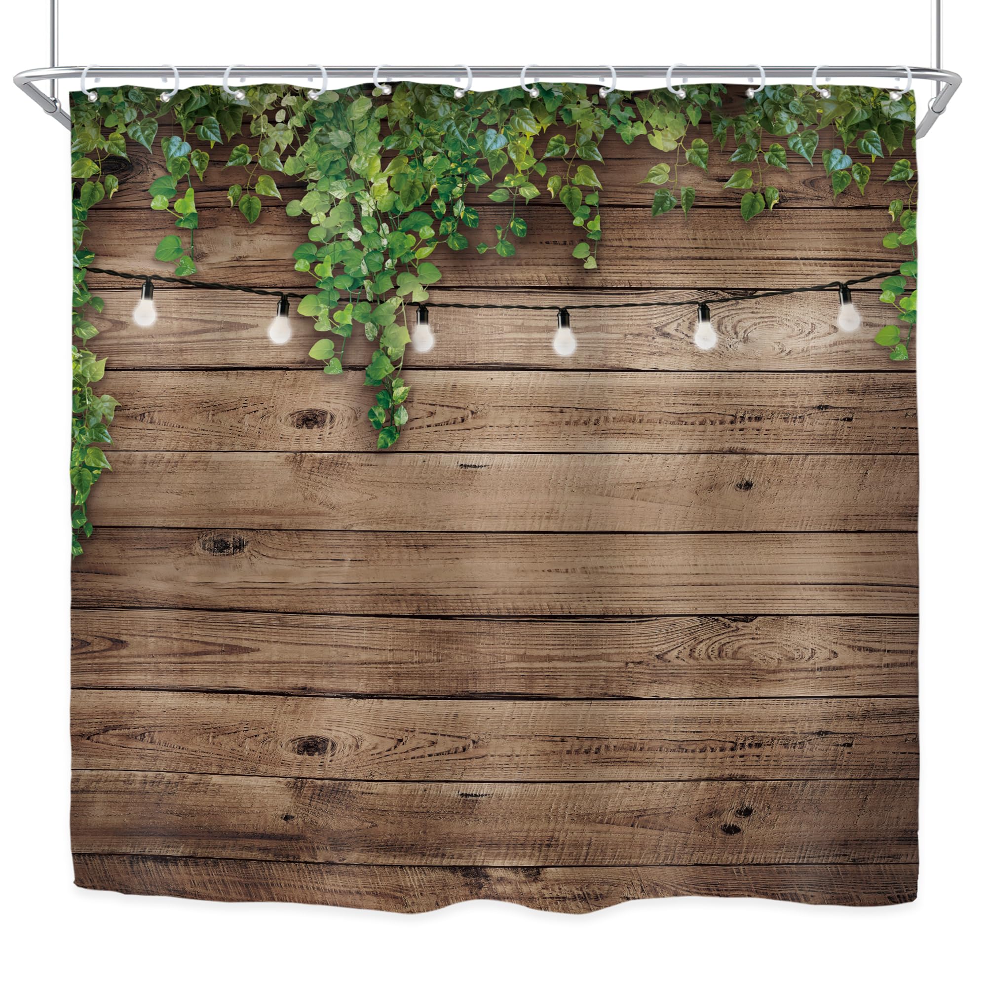 Riyidecor Extra Wide Wooden Clawfoot Tub Fabric Shower Curtain 108Wx72H Inch Rustic Wood Green Leaves 18 Pack Metal Hooks Western Farmhouse Brown Wall Board Bathroom Home Decor Waterproof Polyester