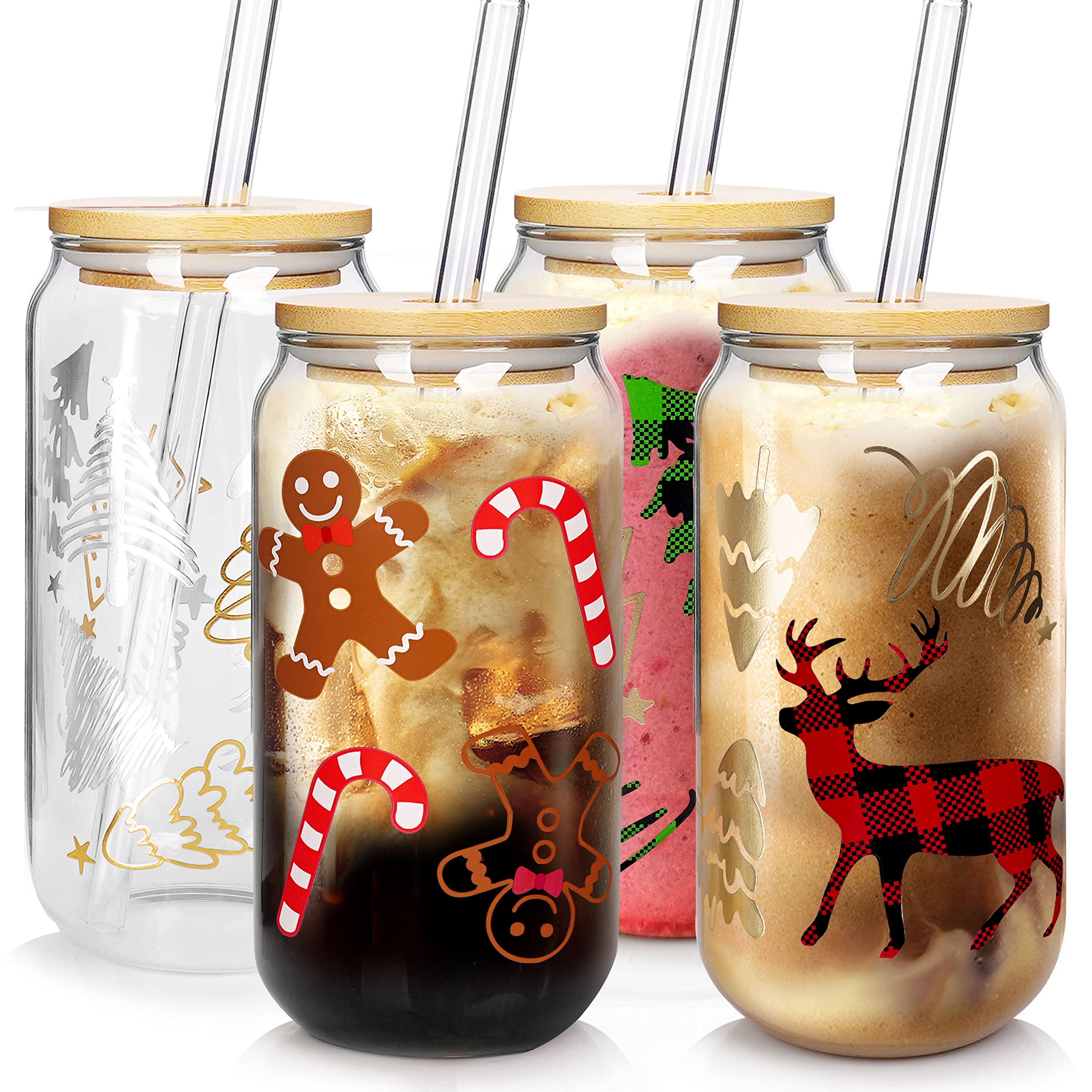 Christmas Cups, 18oz Christmas Iced Coffee Glass Cups with Lids and Straws White Elephant Gifts for Adults Colorful Xmas Tree El
