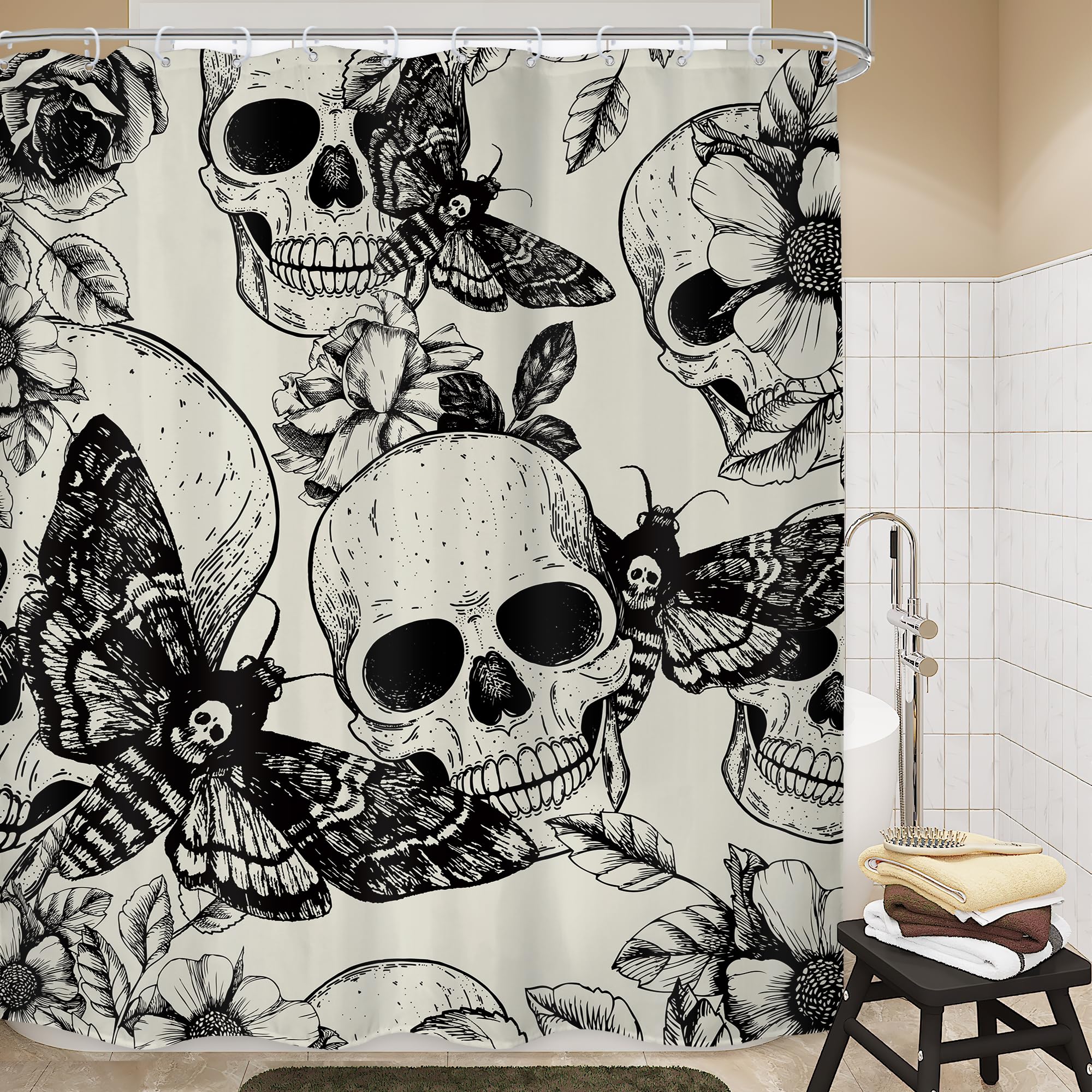 Lghtyro Gothic Skull Moth Shower Curtain Bathroom Set 60Wx71H Inches Black Deathhead Scary Skeleton Spooky Flower Mysterious Bat