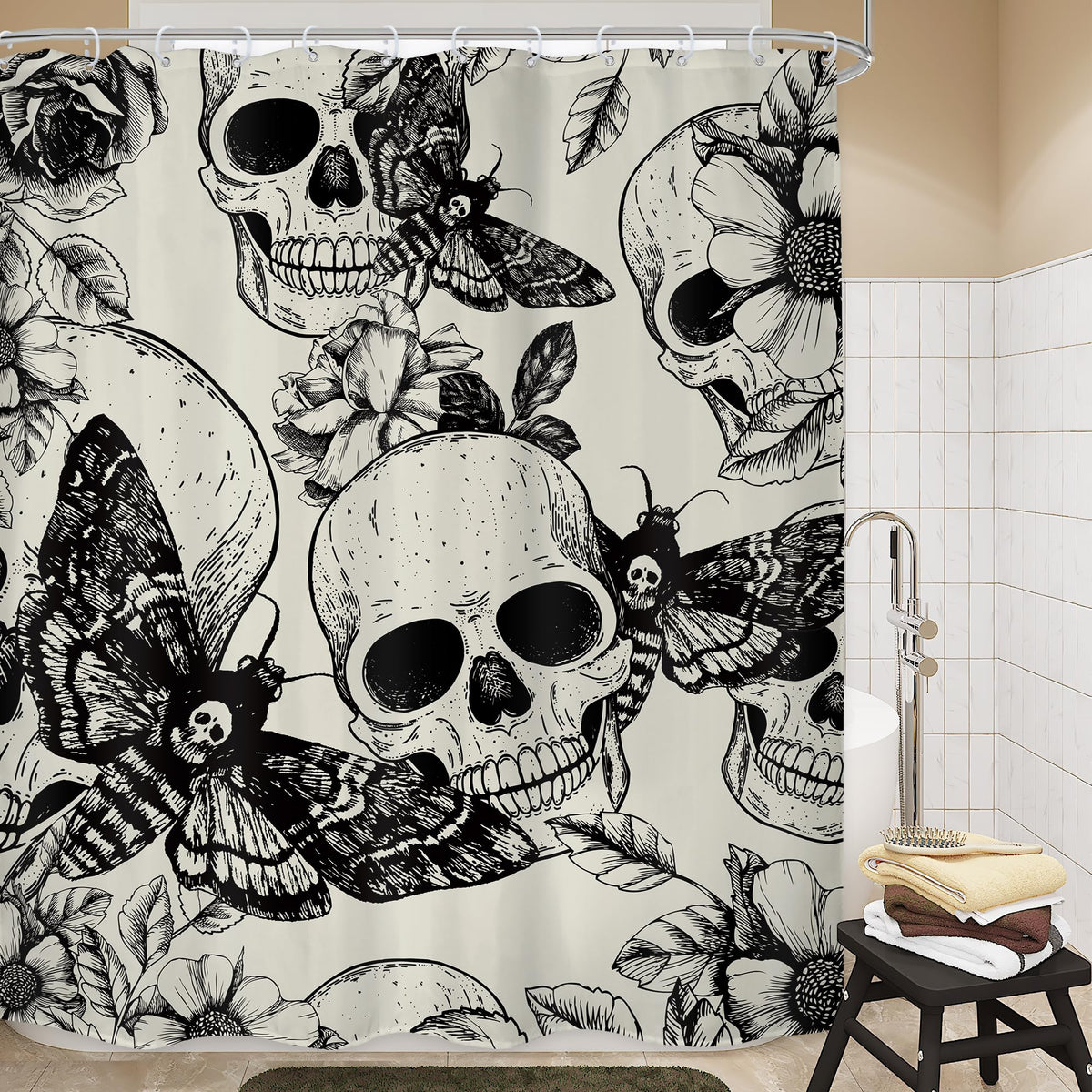 Lghtyro Gothic Skull Moth Shower Curtain Bathroom Set 60Wx71H Inches Black Deathhead Scary Skeleton Spooky Flower Mysterious Bat
