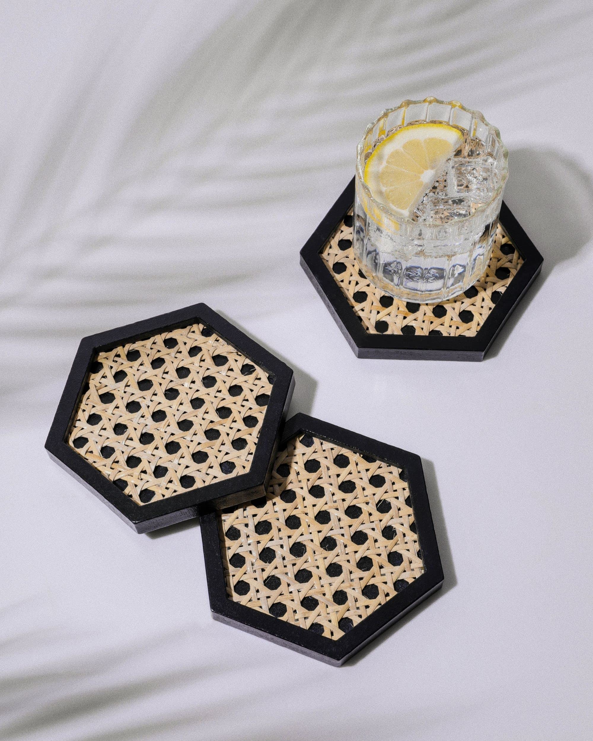 Unique Wooden Rattan Coasters | Stylish Rattan Decor To Protect Surfaces | Set Of 4 | Classic Black Coasters For Drinks | Natura
