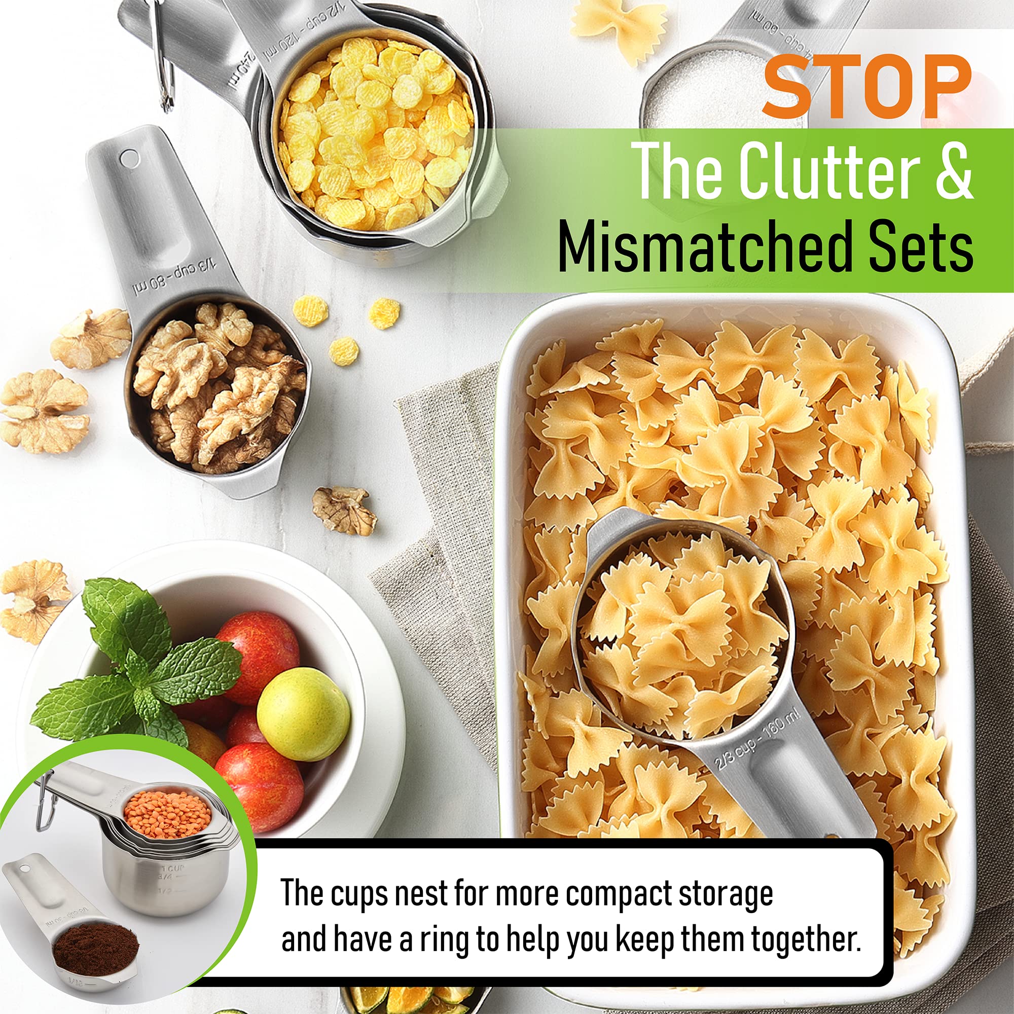 Spring Chef Stainless Steel Measuring Cups Set Of 7 With Pour Spout, Metal Kitchen Tools With Easy To Read Markings For Measurin