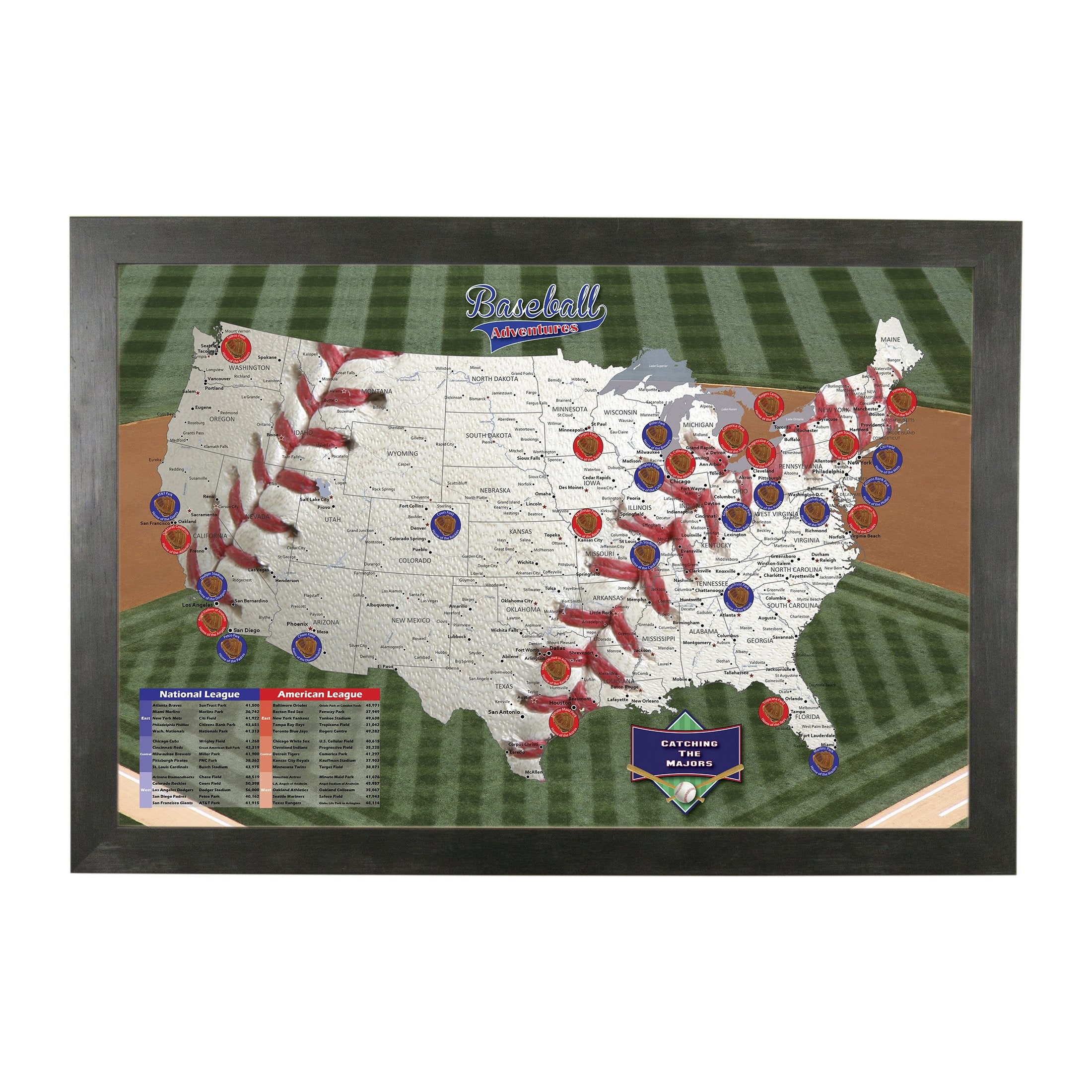 Baseball Adventures Push Pin Travel Map With Rustic Black Frame And Pins - 27.5 Inches X 39.5 Inches