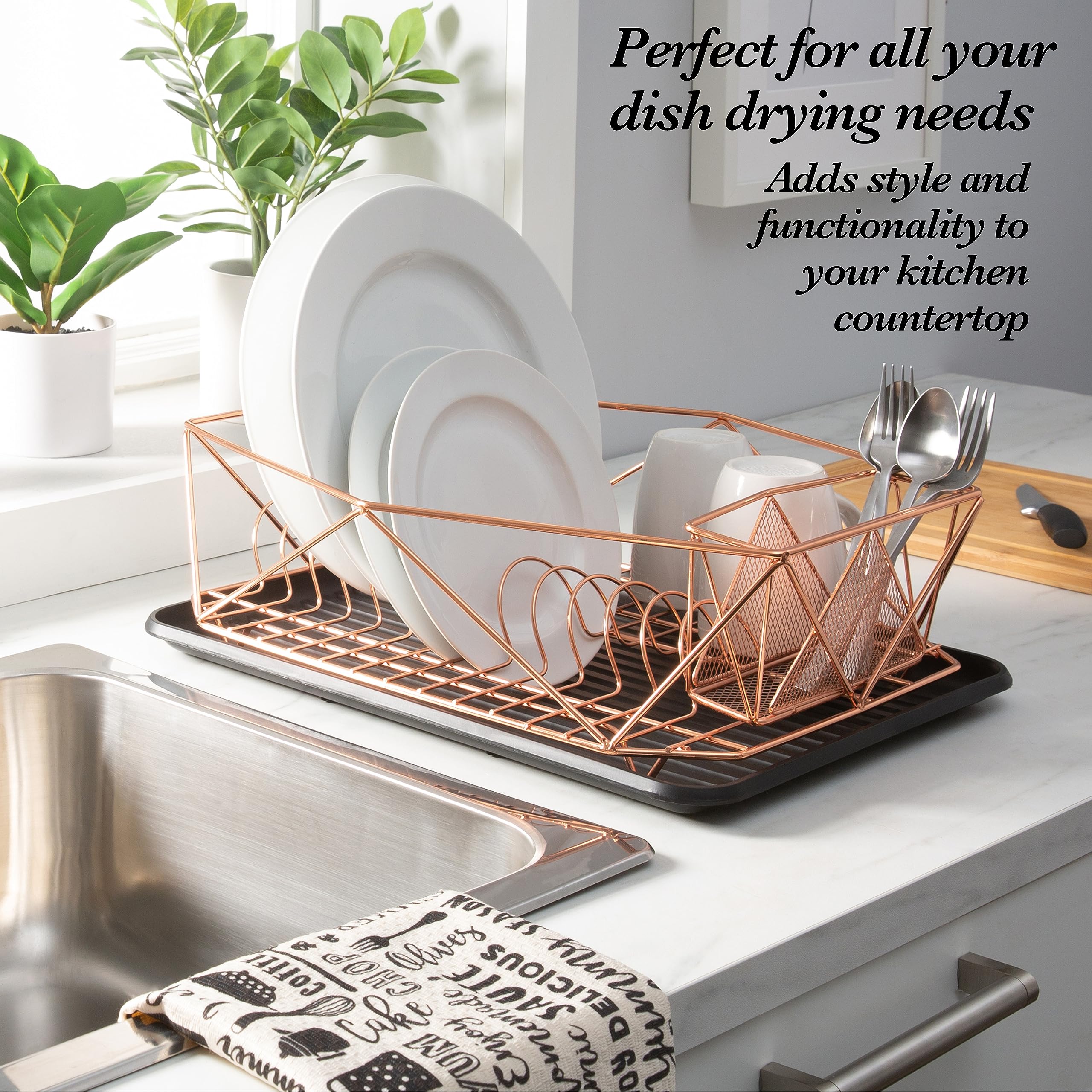 Kitchen Details Copper Dish Drying Rack with Drain Board, Cutlery Basket & Utensil Holder, Iron Frame, Model 23378-COPPER
