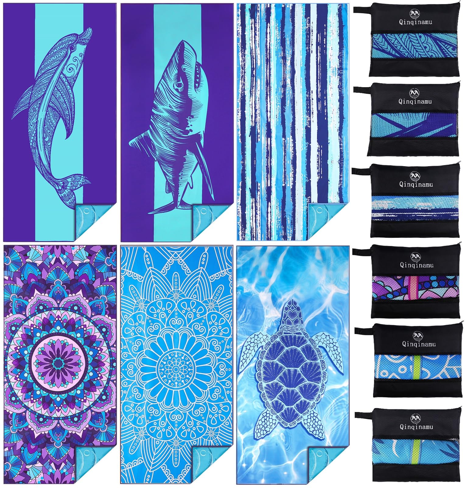 Qinqinamu 6 Pack Microfiber Oversized Lightweight Beach Towel 71''X32'' Extra Thin Large Sand Free Towels Travel Swim Pool Yoga