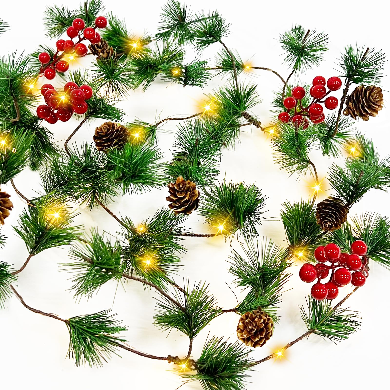 10Ft 30 LED Prelit Christmas Garland with Lights Timer, Garlands for Decoration Christmas Battery Operated Pine Cones Red Berrie