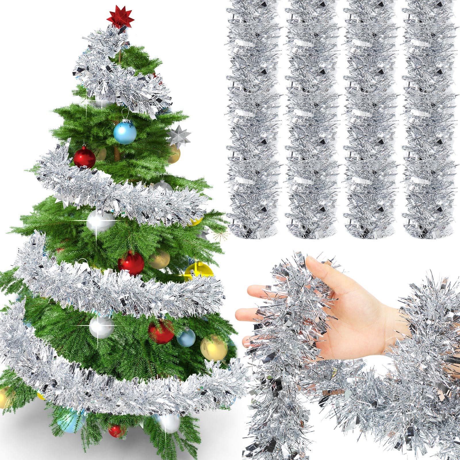 72 Feet Christmas Tinsel Garland Shiny Metallic Tinsel Twist Garland Streamers Ornaments Long Glitter Christmas Tree Hanging Dec
