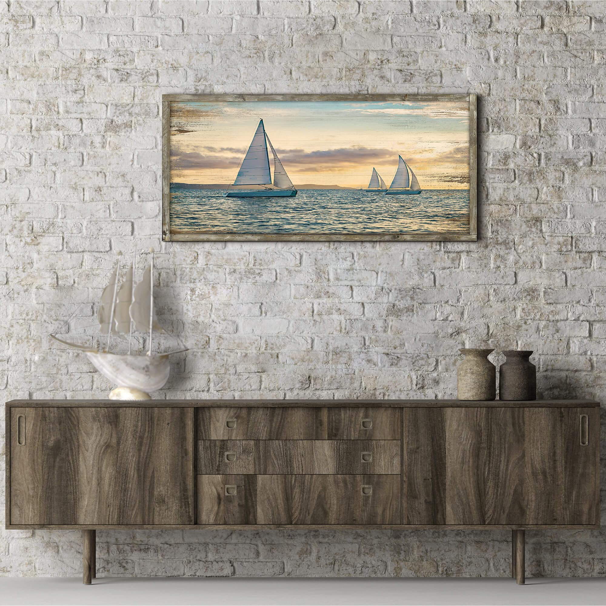 Ocean Framed Wooden Wall Art: Coastal Painting Art 40''X20'' Sail Boats Artwork Decor Sunset Seascape Picture Prints For Office