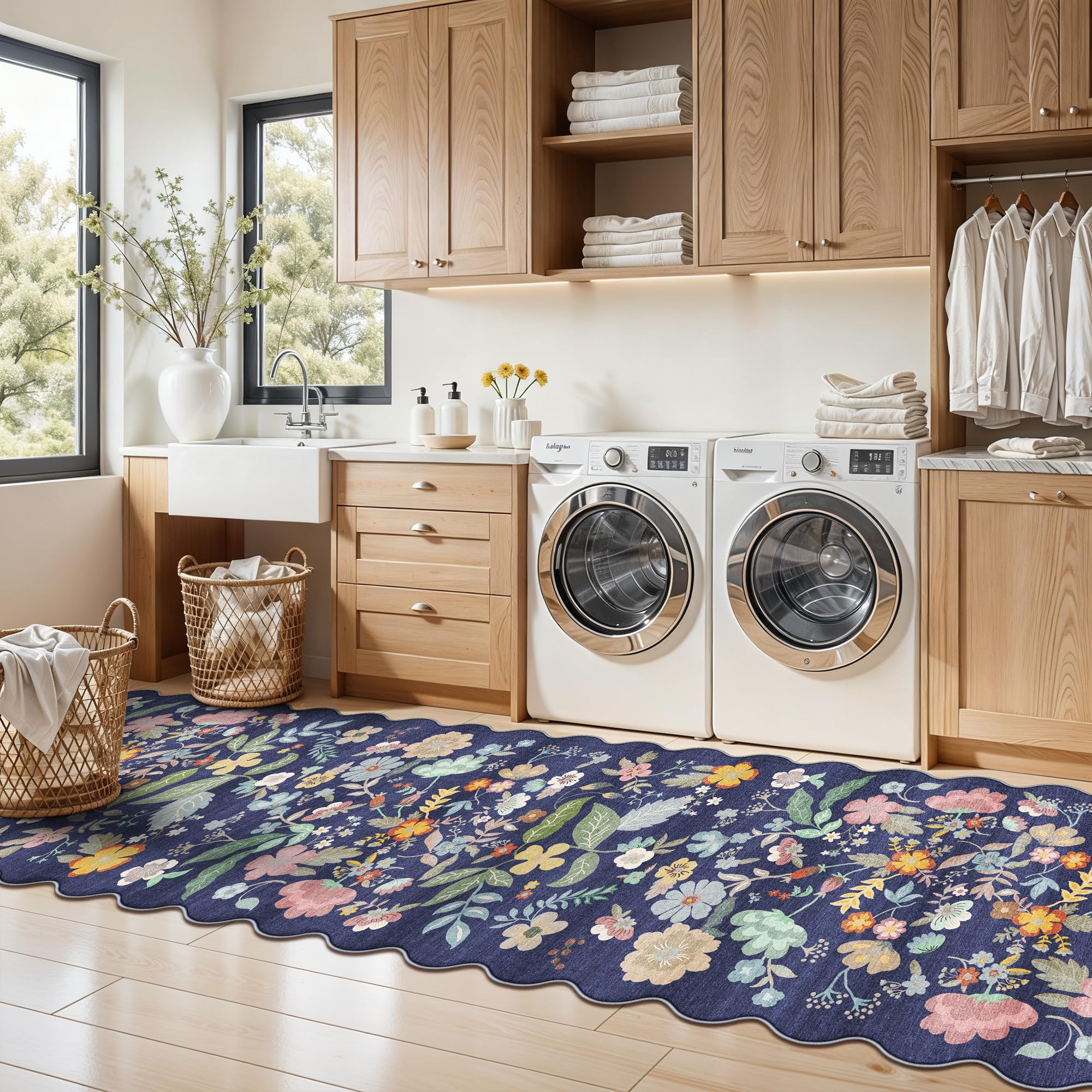 Washable Non-Slip Runner Rug 2x8: Water-Resistant Floral Kitchen Rug Indoor Low Pile Floor Mat for Living Room Bedroom Dining Ro