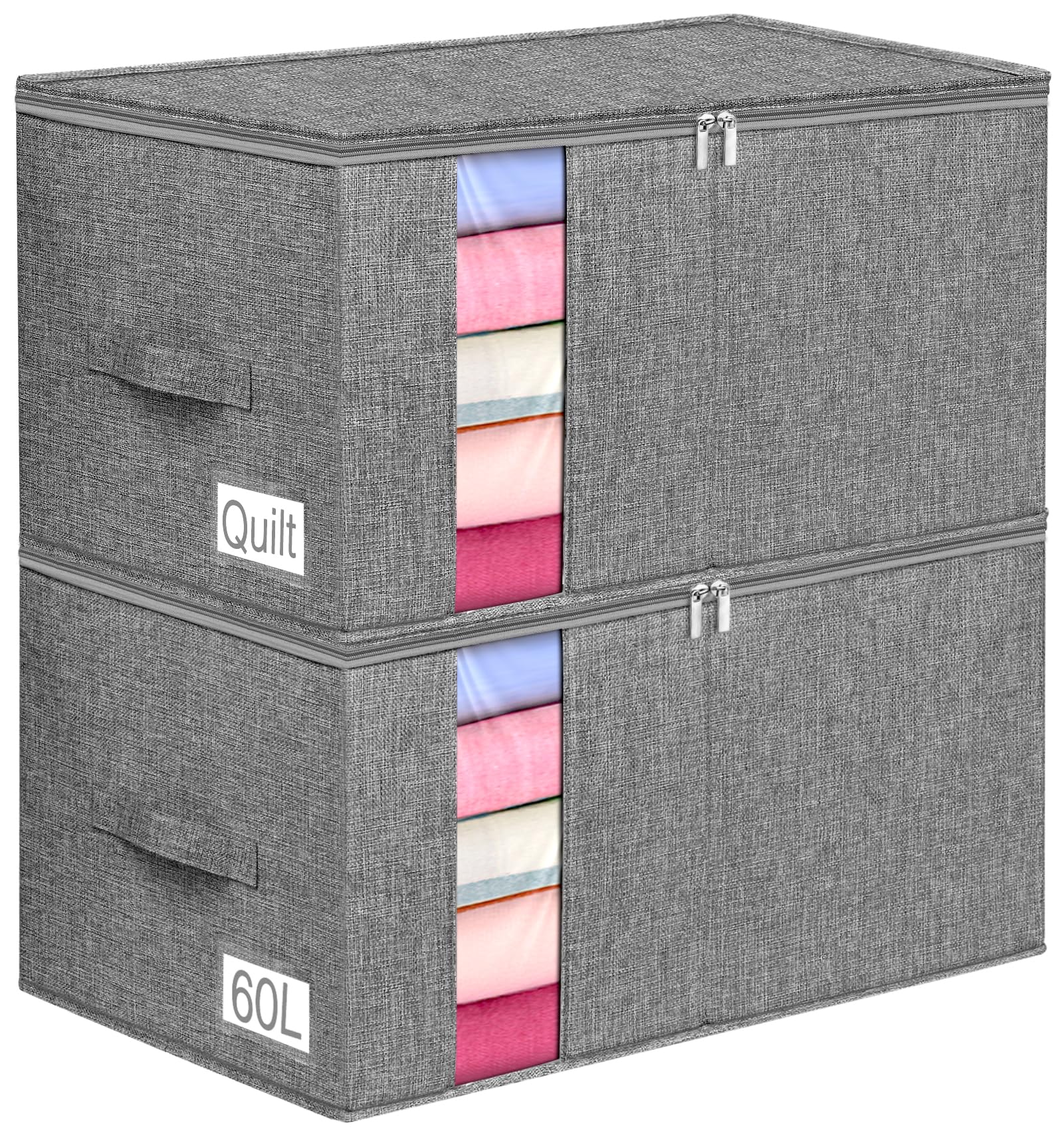 boailydi Blanket Storage, 60L Comforter Storage Bag With Dual Zipper & Side Support, Sturdy Clothes Storage Bin For King Size Co