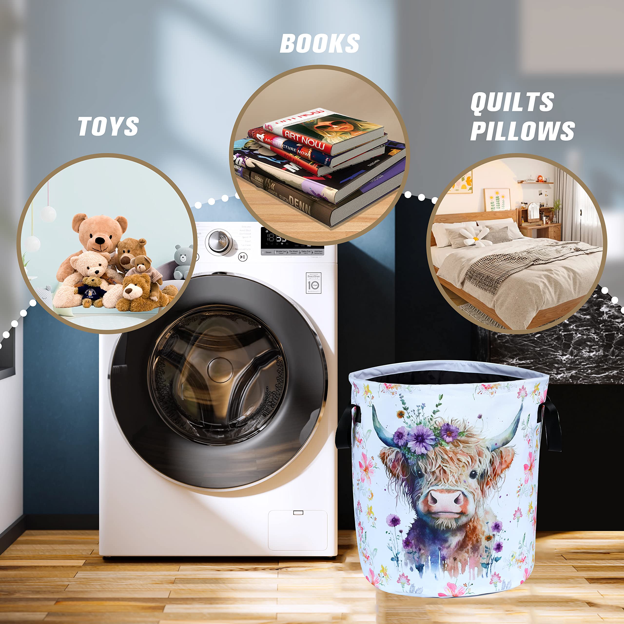 Highland Cow Laundry Basket Foldable Waterproof Oxford Cloth Funny Tote Bag Laundry Hamper Clothes Storage Bucket Toy Organizer