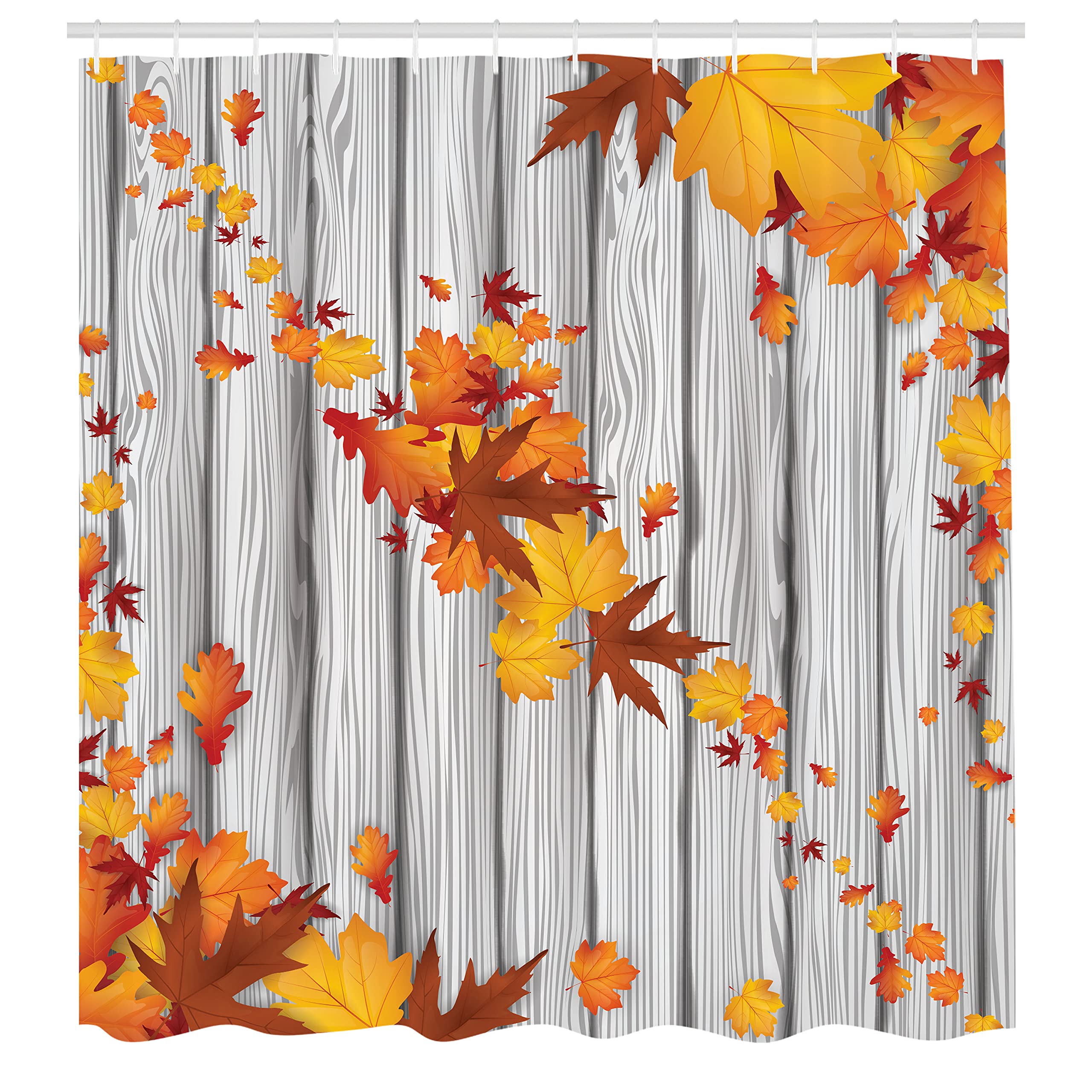 Ambesonne Autumn Shower Curtain, Fall Season Art Theme Maple Tree And Diagonal Leaves Foliage Rustic Wooden Planks Drawing, Clot