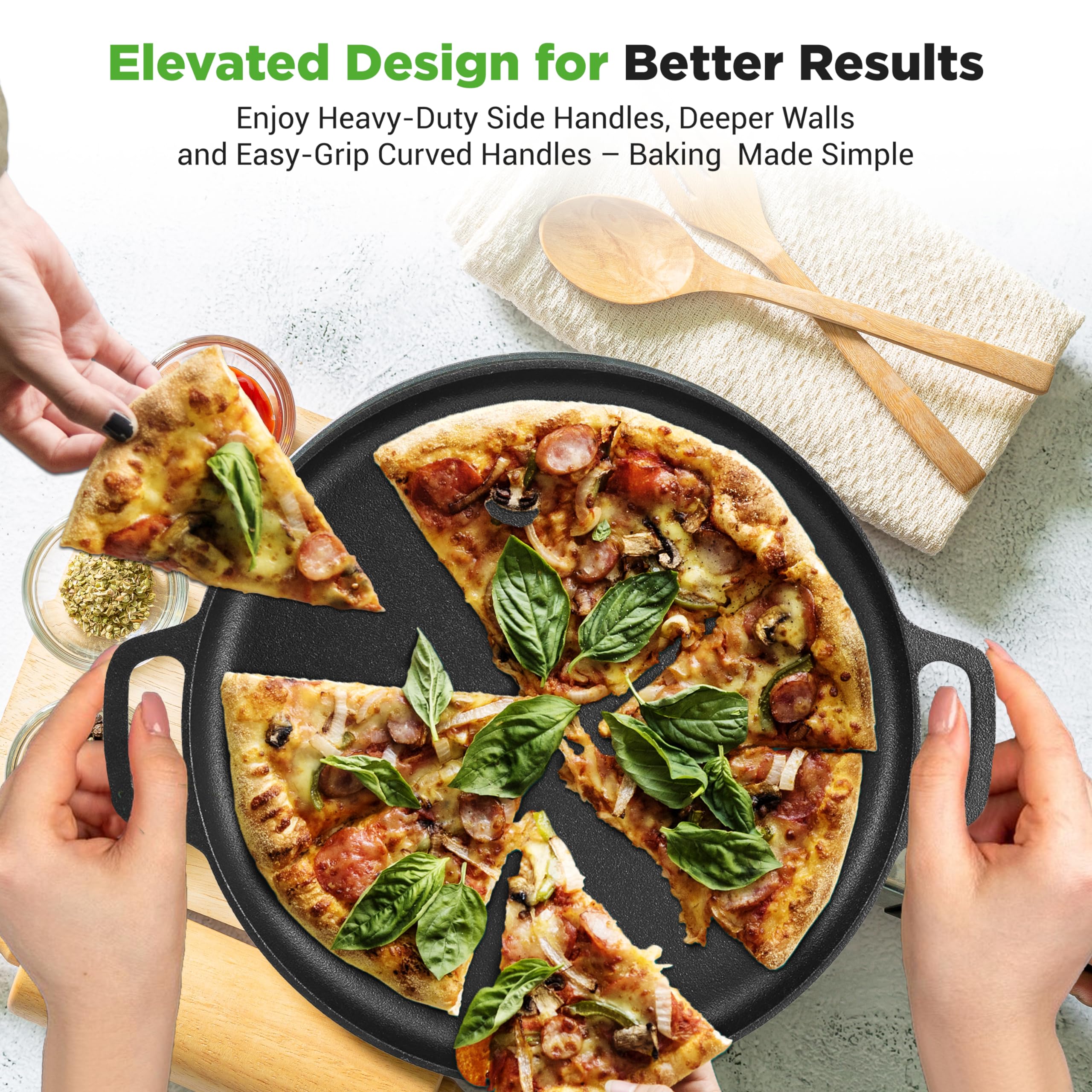 NutriChef 13-Inch Pre-Seasoned Cast Iron Pizza Pan with Handles - Black, Model NCCIPD, Ideal for Oven, Grill, Stove, and Campfires