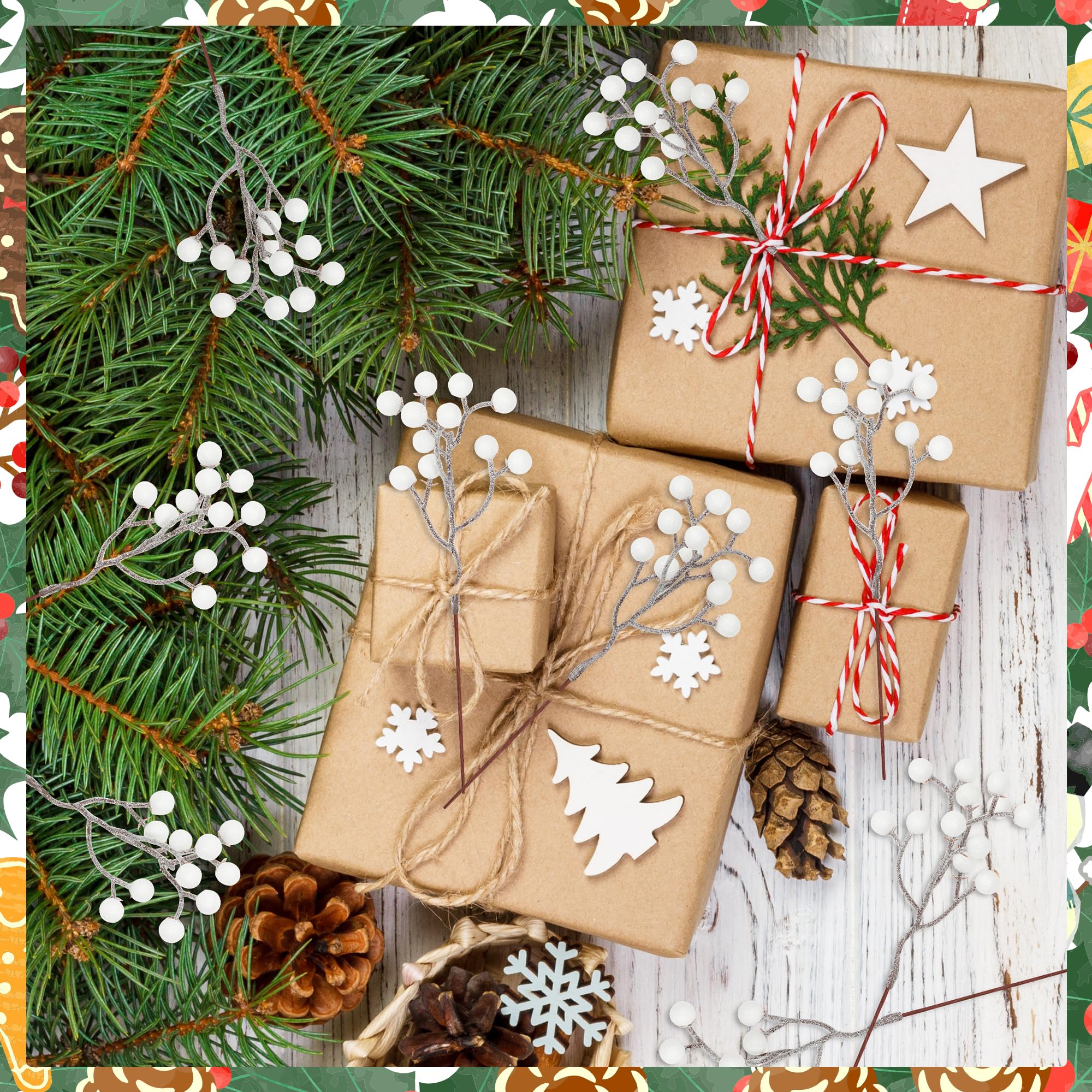 Vipay 24 PCS Christmas Tree Decor, 7.08 in White Berry Picks, Artificial Berries Branches Christmas Berry Stems for DIY Wreath F