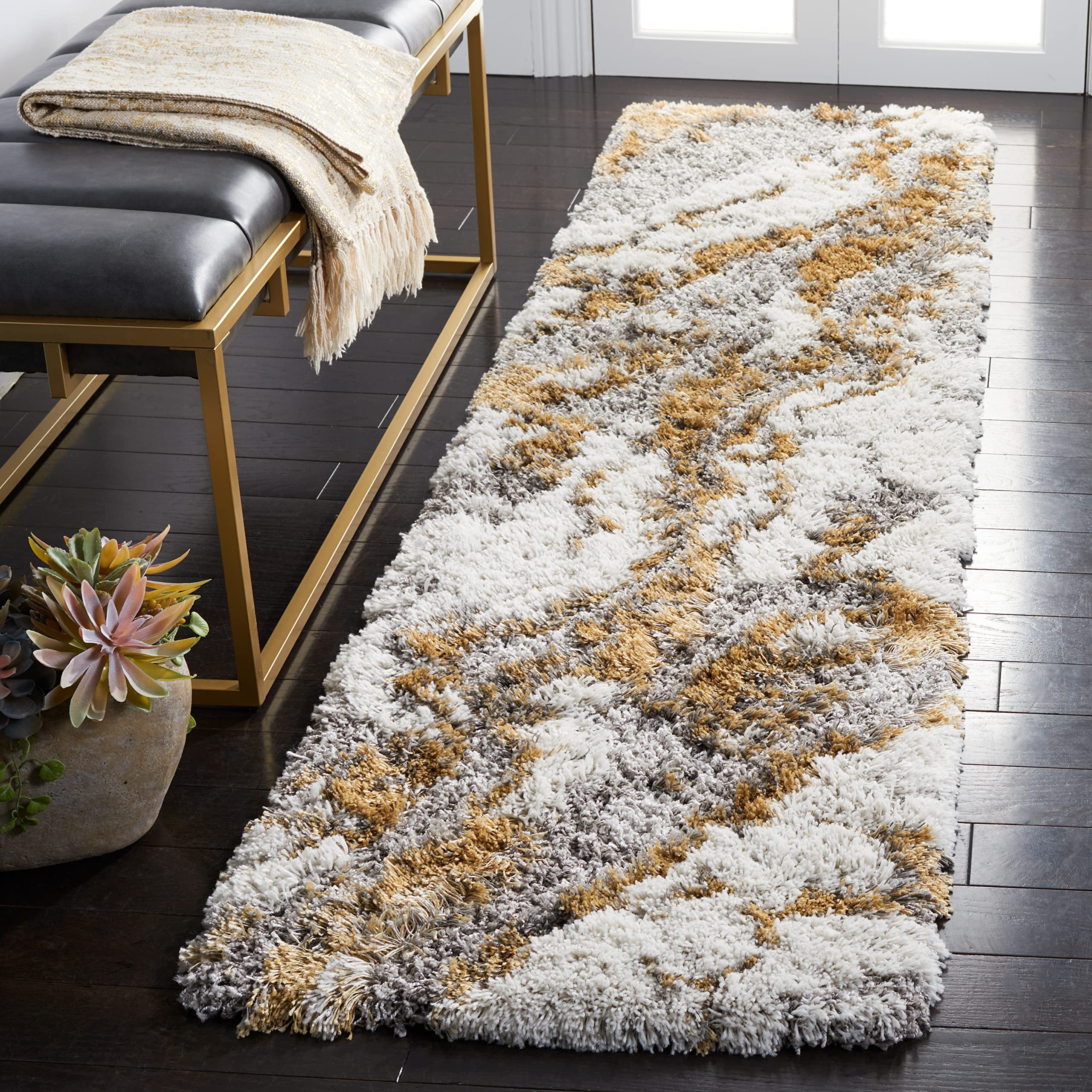 SAFAVIEH Horizon Shag Collection Runner Rug - 2 x 11, Grey & Gold, Modern Abstract Design, Non-Shedding & Easy Care, 2.6-inch 