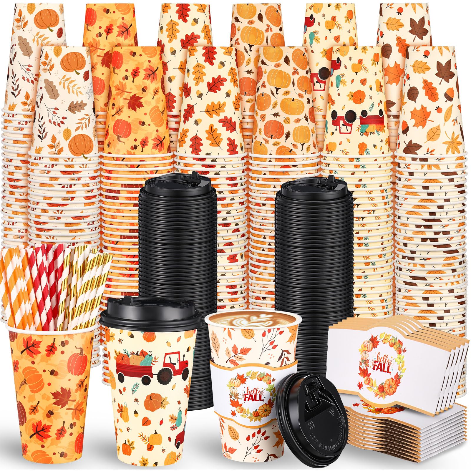 Jingmore 120 Sets 16oz Disposable Paper Coffee Cups with Lids Sleeves Straws Holiday Paper Drinking Cups Bulk for Hot Cold Bever