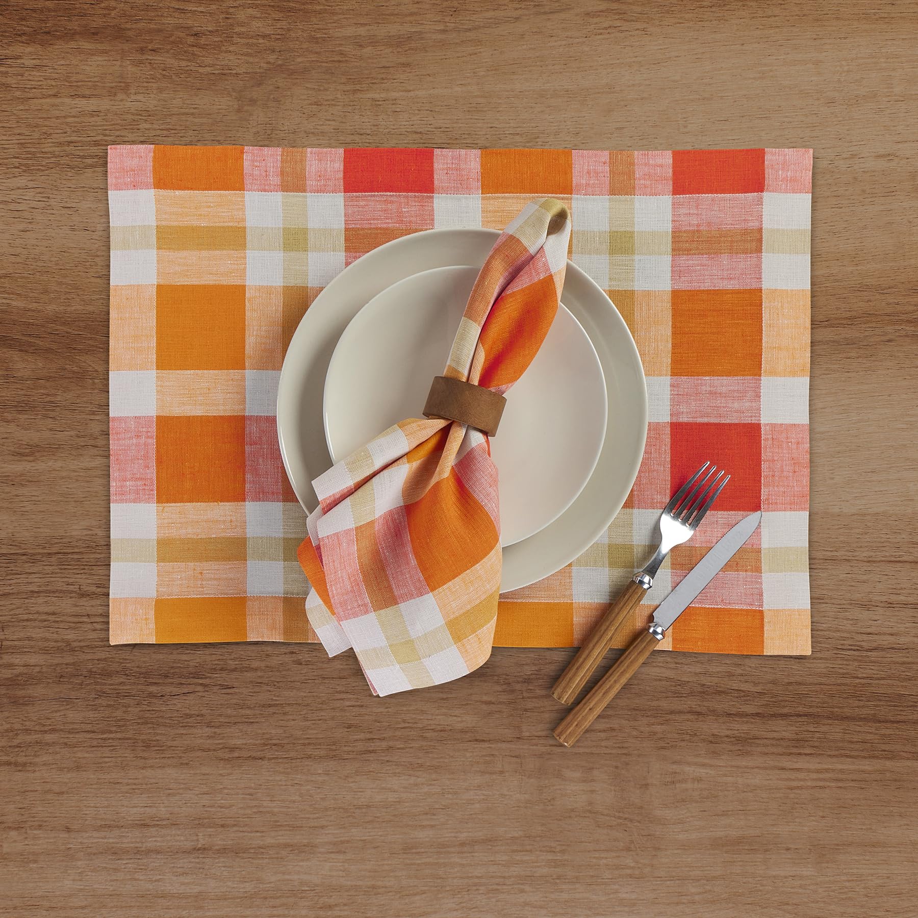 Solino Home Plaid Linen Dinner Napkins 20 X 20 Inch - 100% Pure Linen Pumpkin Fall Buffalo Check Cloth Napkins Set Of 4 - Handcr