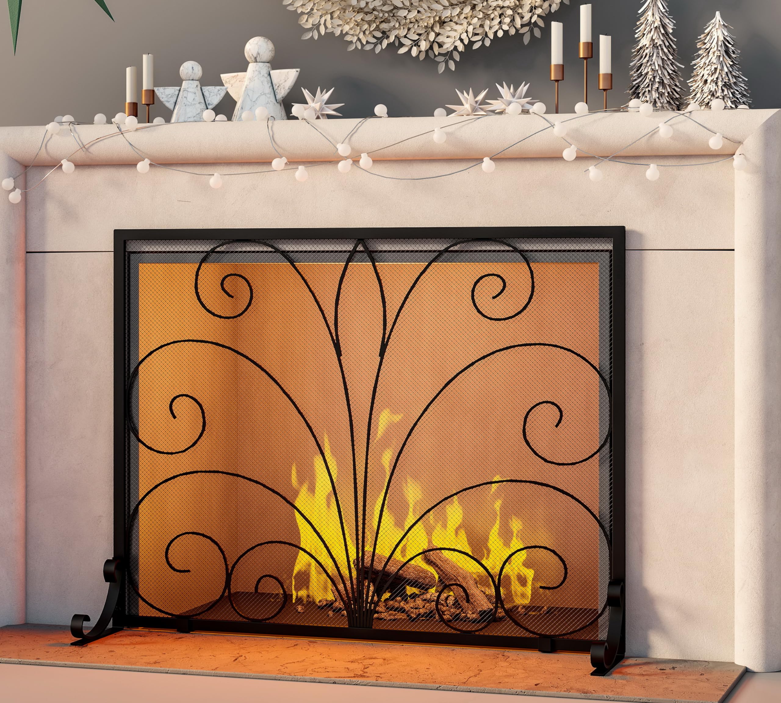 Fire Beauty Fireplace Screen,Handcrafted Wrought Iron,Flat Guard Metal Furnace Fireguards Mesh,Safe Spark Protector,Wood Burning