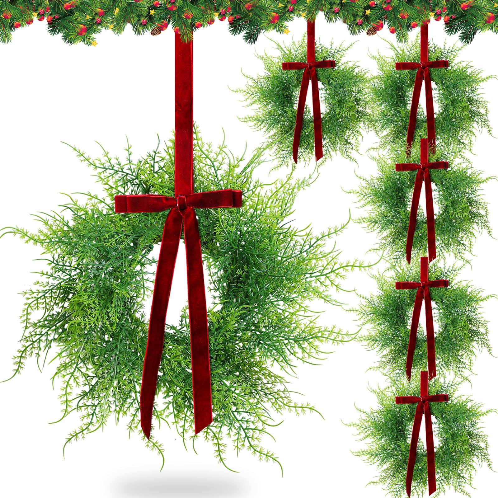 XunYee 6 Pack Small Christmas Wreath for Cabinet Home Kitchen Whimsical Decor with Velvet Bow 11 Persian Grass Lime Green Green 