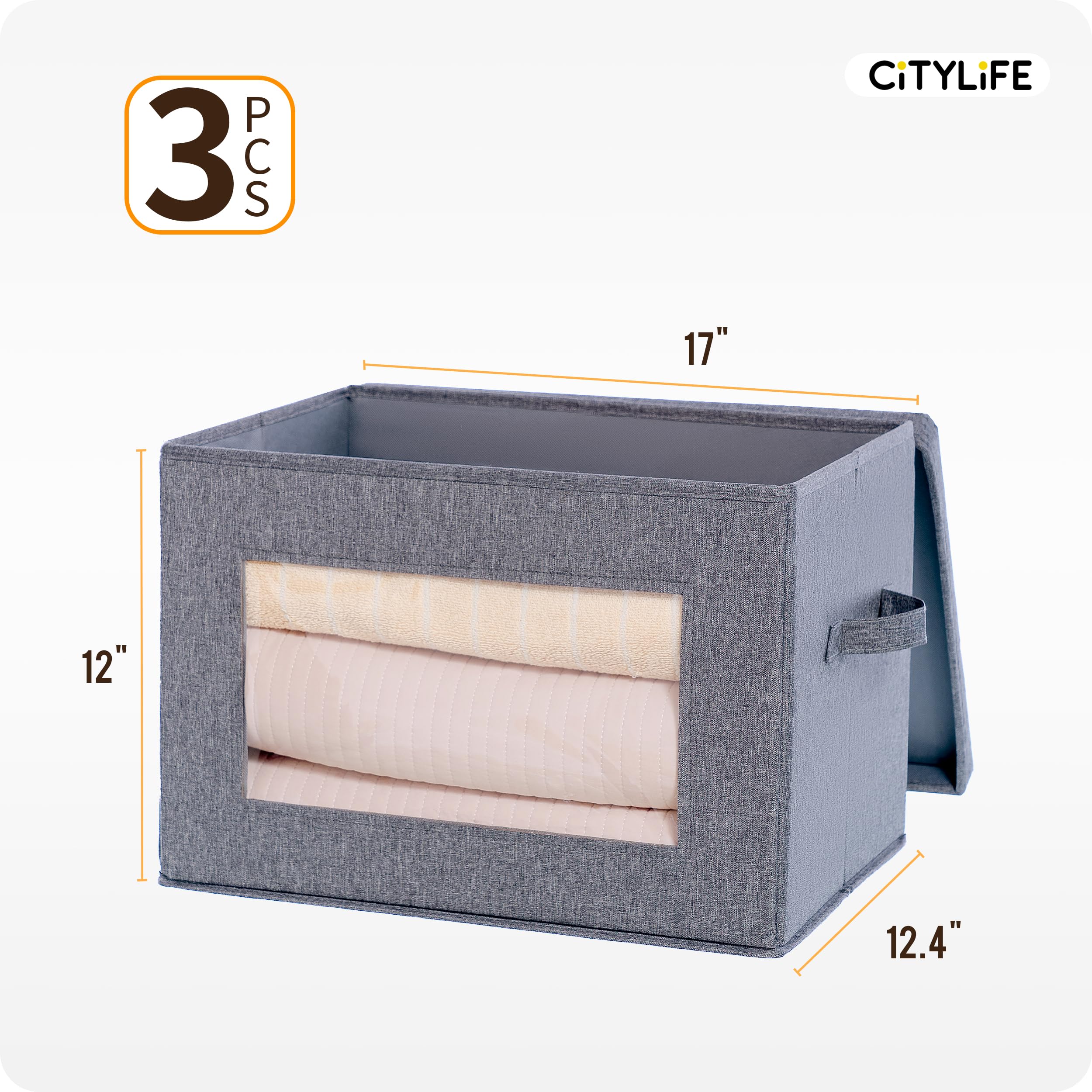 Citylife 3-Pack Collapsible Storage Bins With Lids, Linen Fabric Foldable Storage Boxes, Cube Closet Organization For Clothes, B