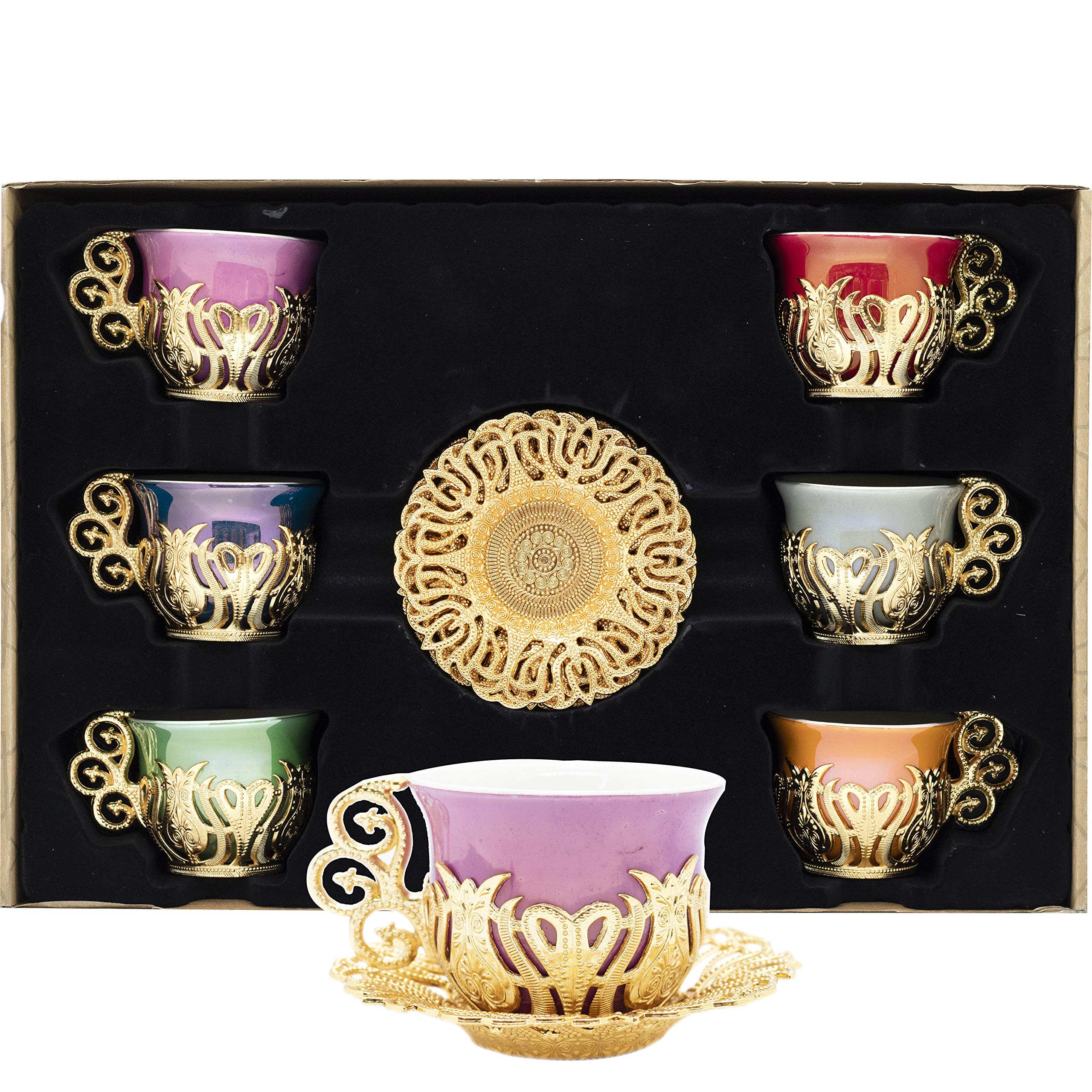 Alisveristime 12 Pc Turkish Greek Arabic Coffee Espresso Cup Saucer Porcelain Set (Gold Mix Color)