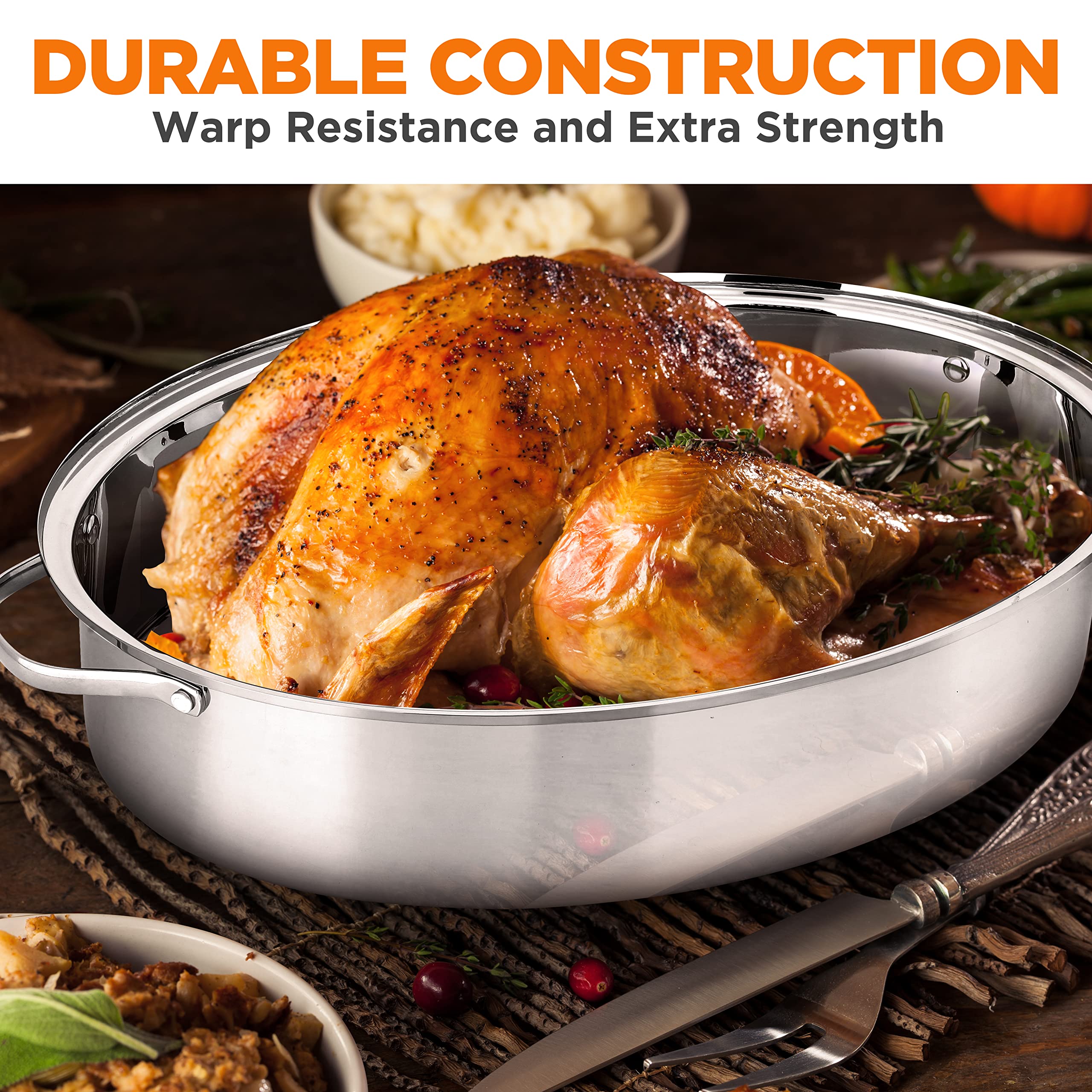 Nutrichef 20'' Oval Roasting Pan With Rack And Lid - Premium Stainless Steel Roaster Dish W/ Wide Handles & Removable Rack, Mult