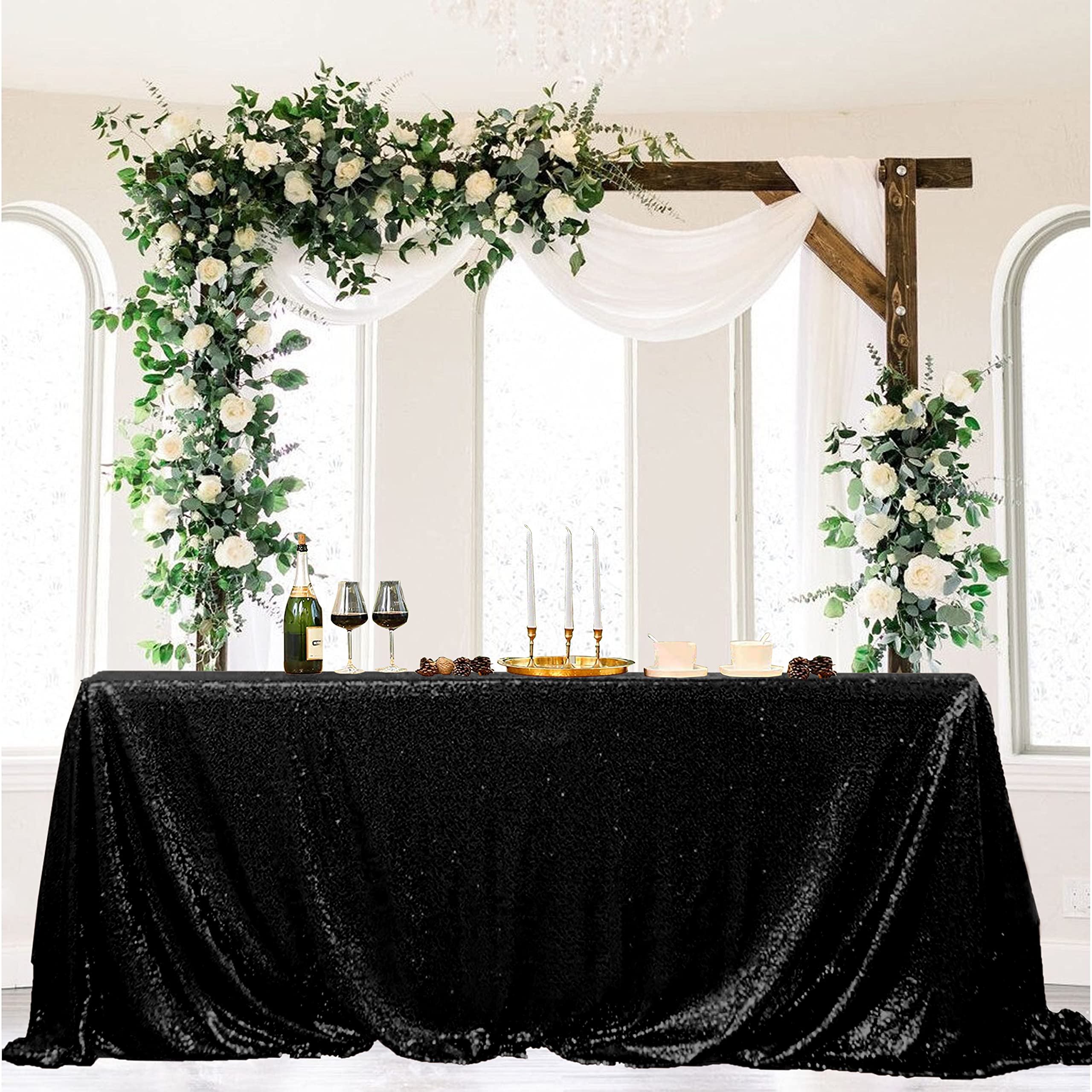 Fyledaee Black Rectangle Sequin Tablecloths For Parties,90 X 132 Inch Glitter Shiny Large Table Cover Fitted 8Ft Table For Weddi