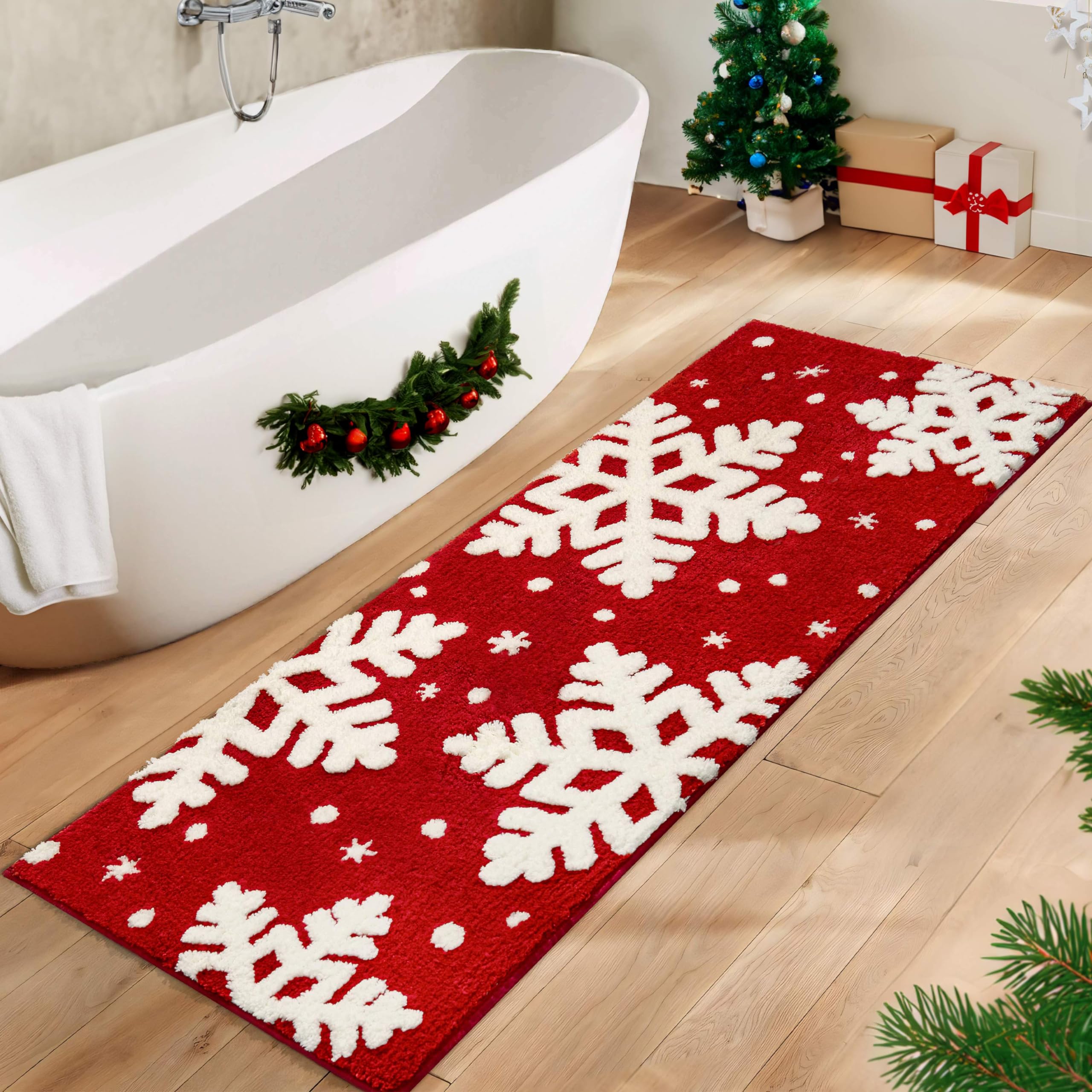 Christmas Bathroom Decor Red Bathroom Rugs Runner Cute Bath Mat Non-Slip White Snow Christmas Home Decorations Microfiber Absorb