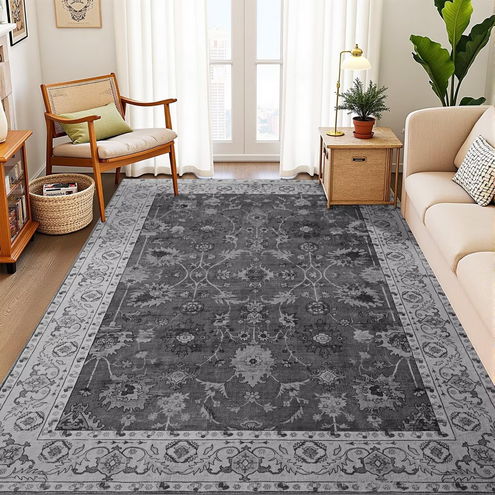 Vasofe 4x6 Rug for Bedroom, Washable Living Room Rugs for Dining Room, Black Indoor Floor Mat, Vintage Floral Mats for Home Deco