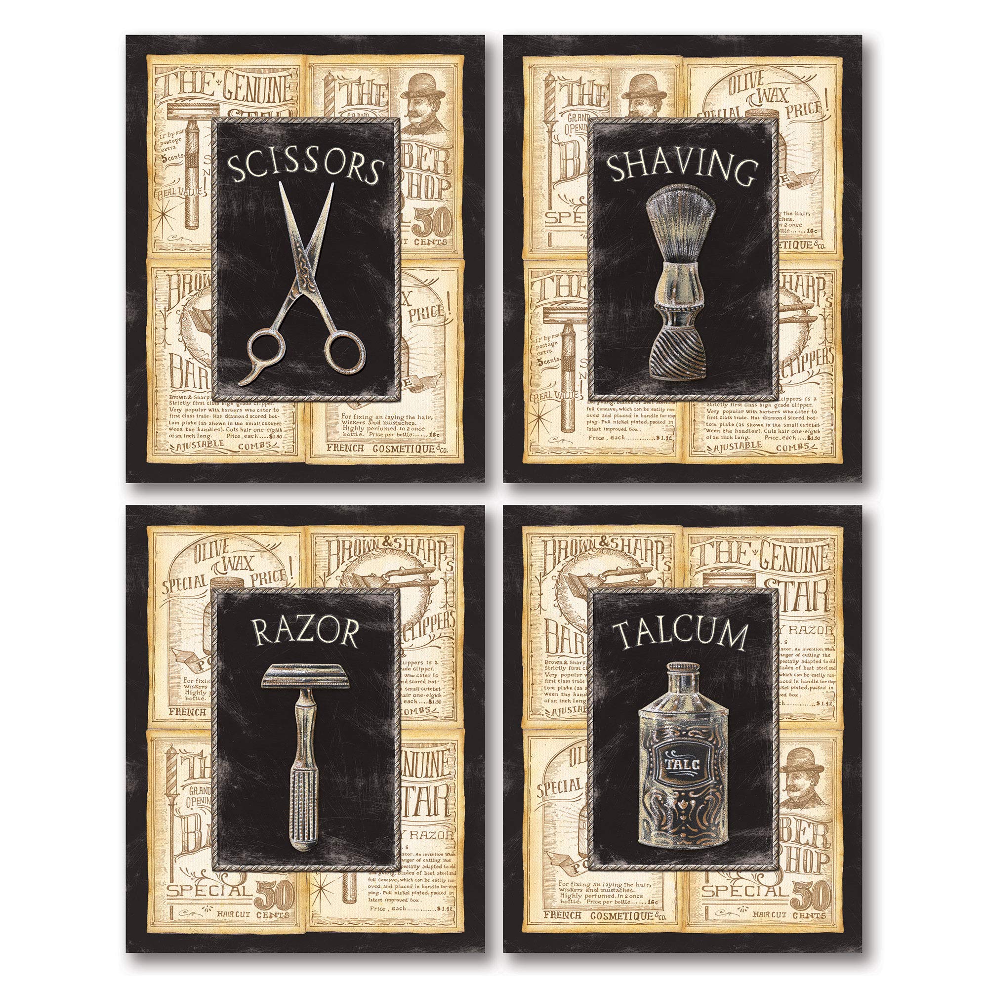 Gango Home D  Cor 4 Vintage Barber Shop Art Prints Shave Scissors; Four 8 X 10 Mounted Prints