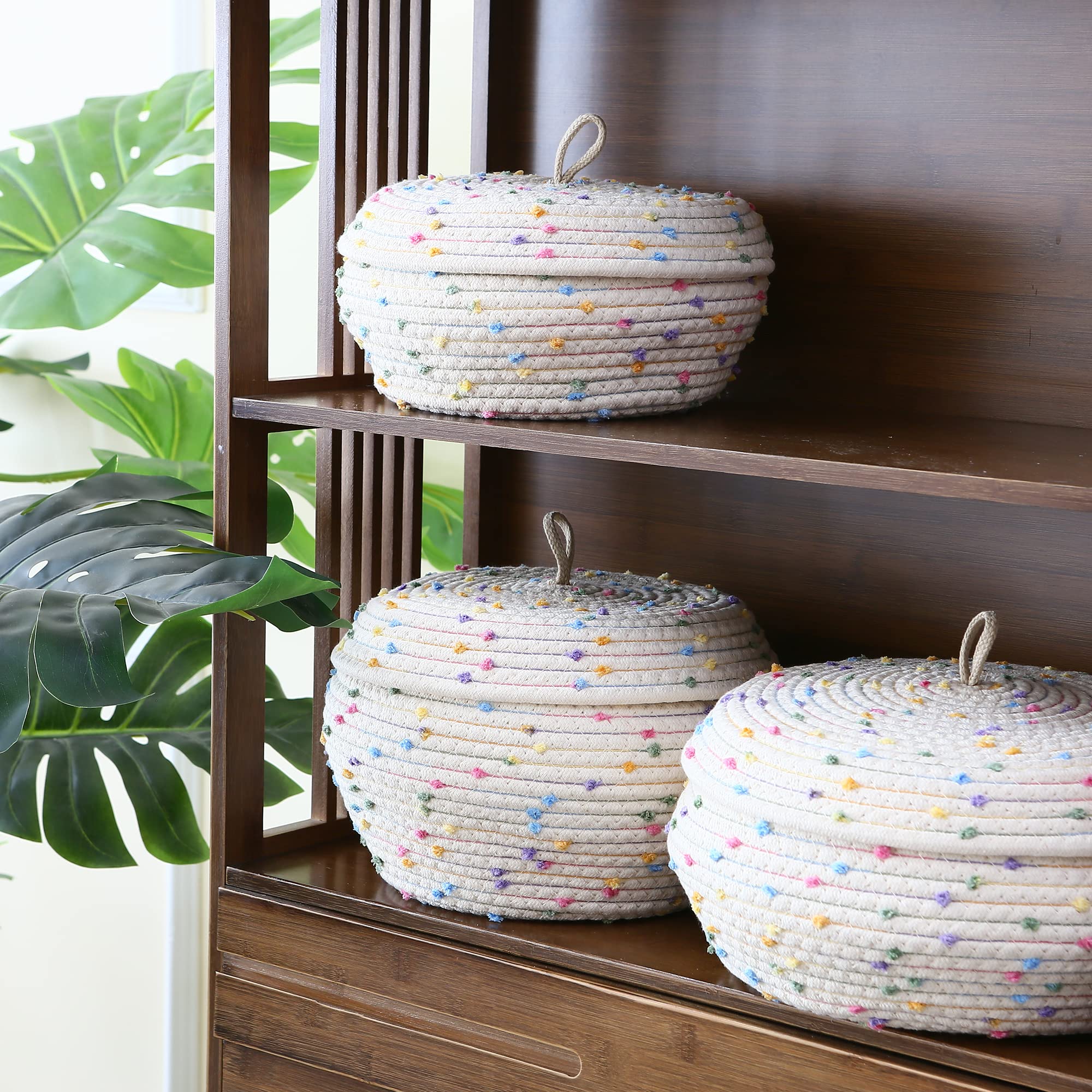 Sea Team Round Cotton Rope Storage Basket With Lid, Colorful Rainbow Pompom Woven Storage Bin, Pot, Caddy, Organizer, Container