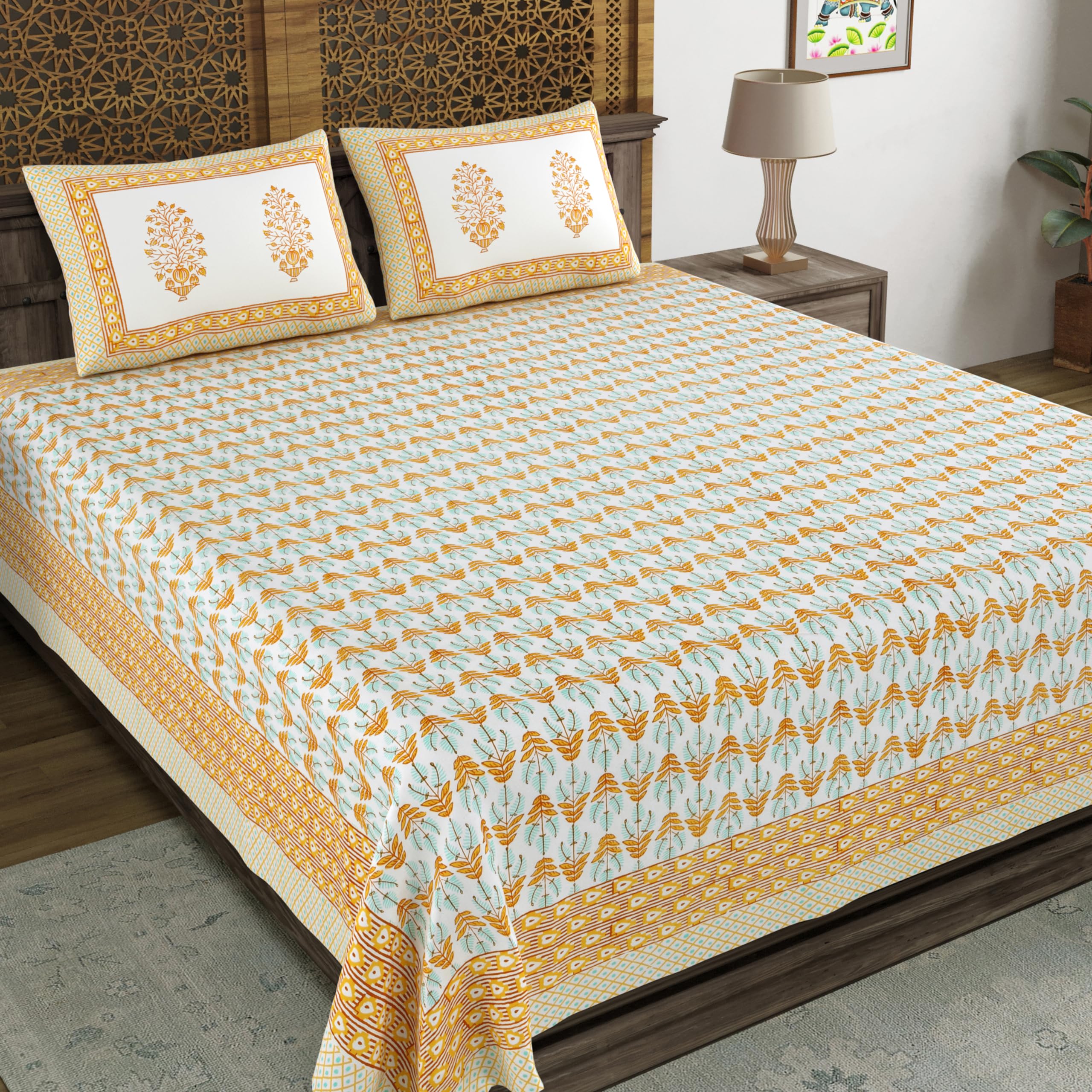 Blocks Of India Hand Block Printed 200 Tc Cotton King Size Bedsheet (Brown Leaf)