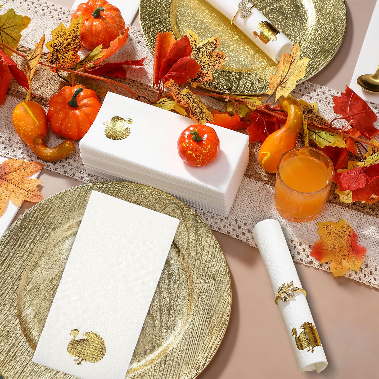 Janlaugh 100 Pcs Thanksgiving Linen Napkins Turkey Pattern Disposable Paper Hand Towels Foil Stamped Golden Napkins for Party Lu