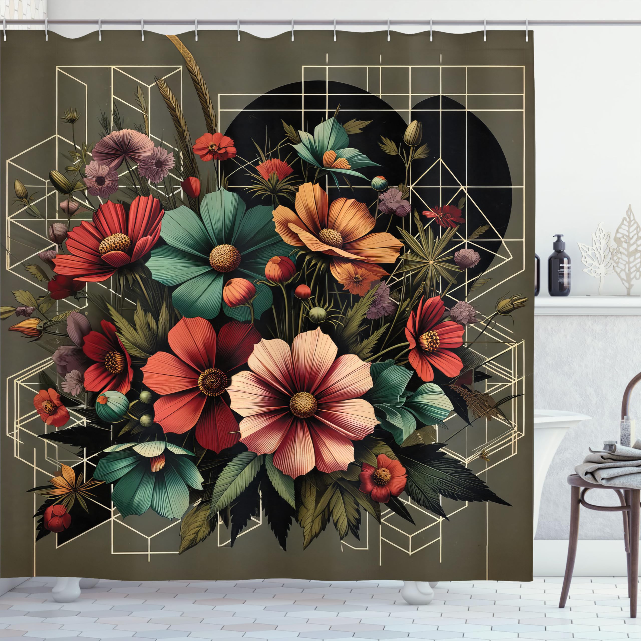 Ambesonne Floral Shower Curtain, Futurist Composition Of Geometric Lines Shapes And Flower Bouquet Art, Cloth Fabric Bathroom De
