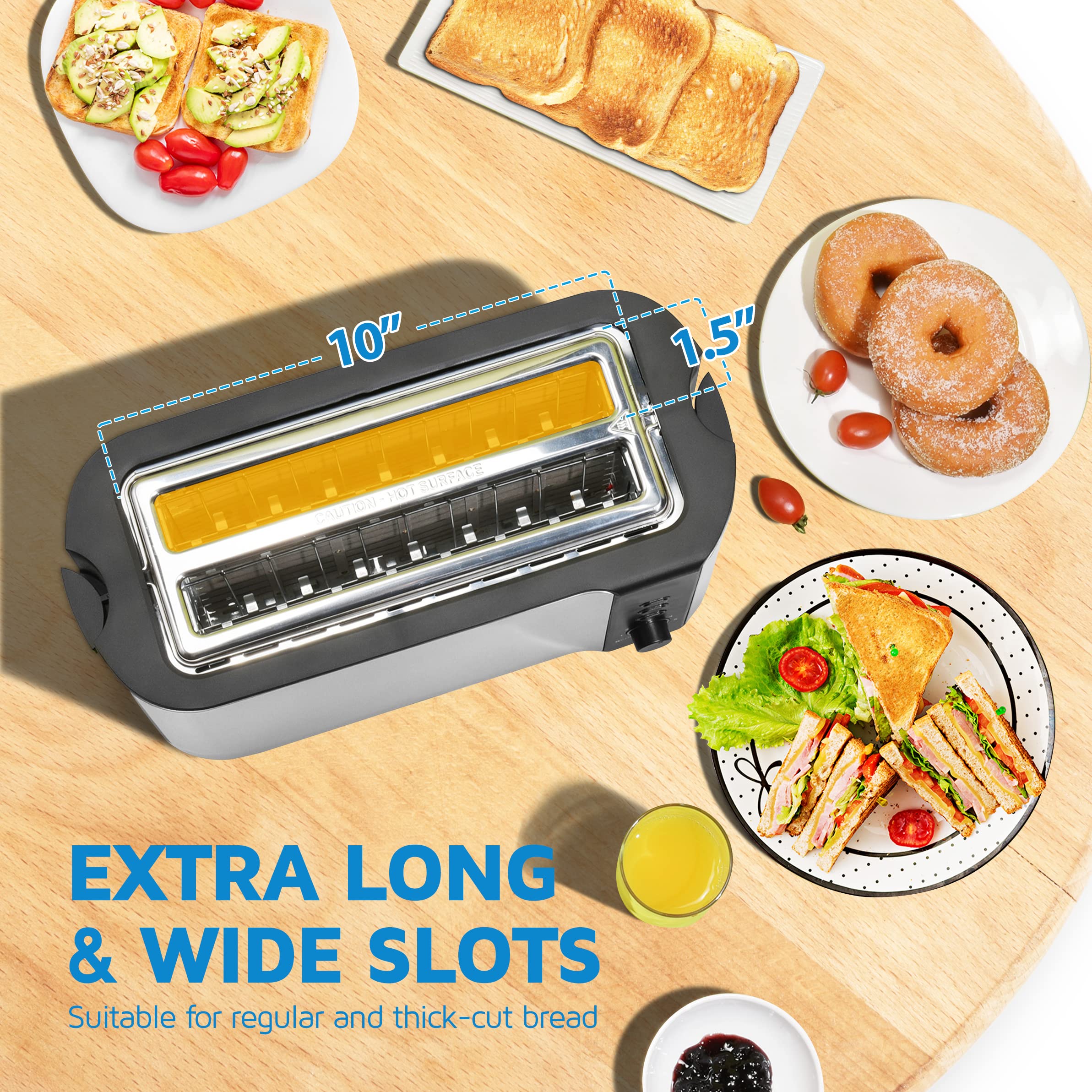 10'' Long Slot Toaster 2 Slice, Extra-Wide Stainless Steel 4 Slice Toaster, Warming Rack & 6 Shade Settings, Defrost/Reheat/Canc
