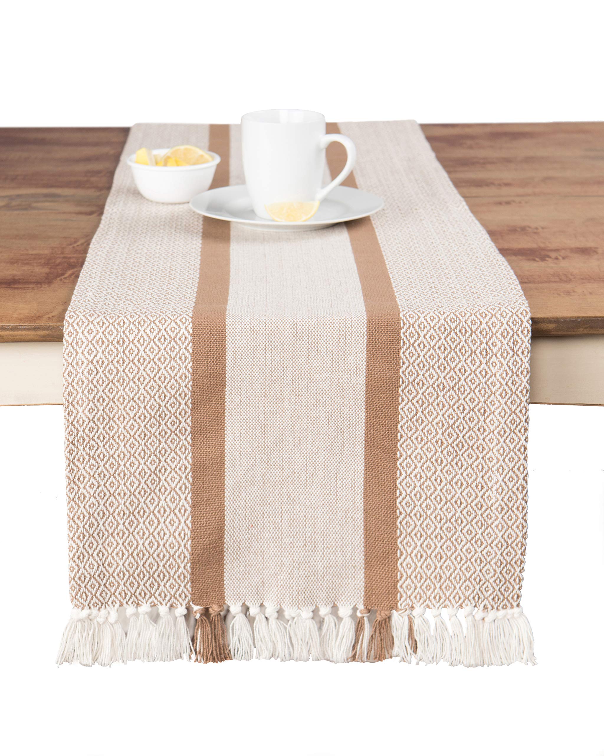 Thanksgiving Table Runner Cotton Farmhouse Boho 14 In X 72 In, Table D   Cor For Kitchen Or Dining, Tan Cloth Woven Striped Tabl