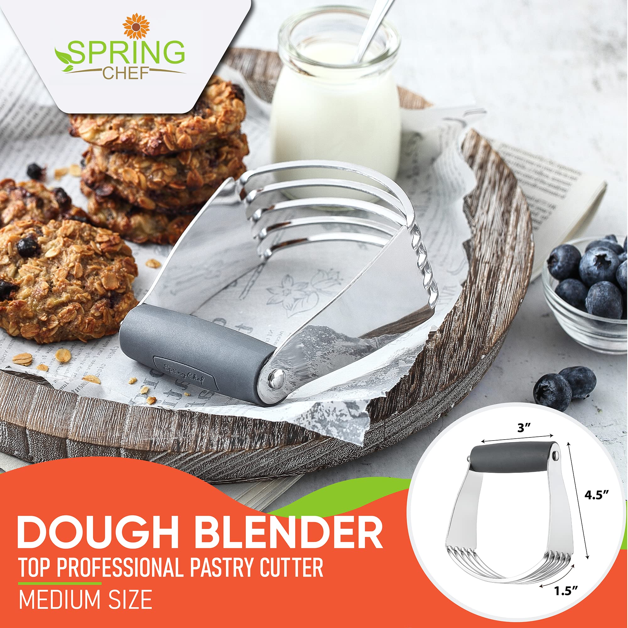 Spring Chef Medium Gray Dough Blender For Baking, Dough Cutter Tool, Stainless Steel Puff Pastry Cutter Tool with Sharp Blades,