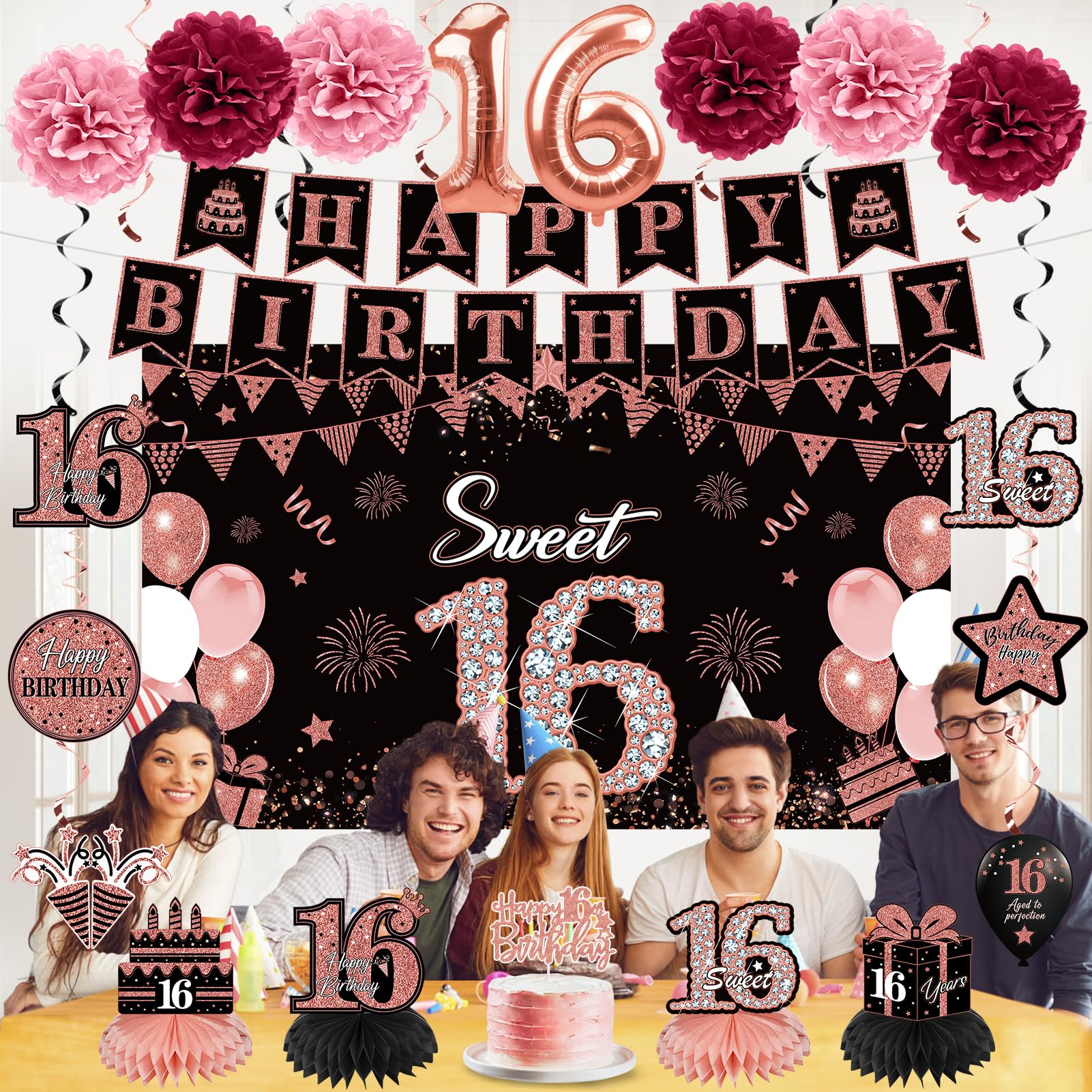 Eucutur 42Pcs Sweet 16 Birthday Party Decoration Kit For Girls, Rose Gold Happy 16Th Bday Banner Balloon Honeycomb Centerpiece S