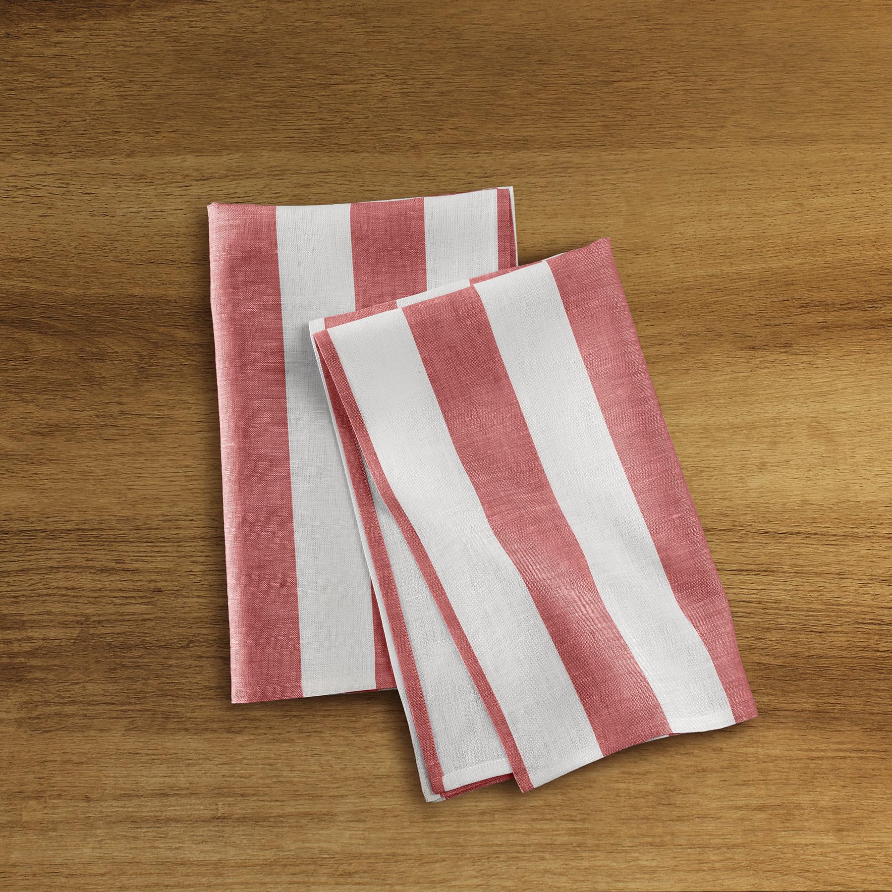 Solino Home Linen Kitchen Towels Set Of 2 - Red And White 17 X 26 Inch - 100% Pure Linen Cabana Stripe Kitchen/Tea Towels - Mach