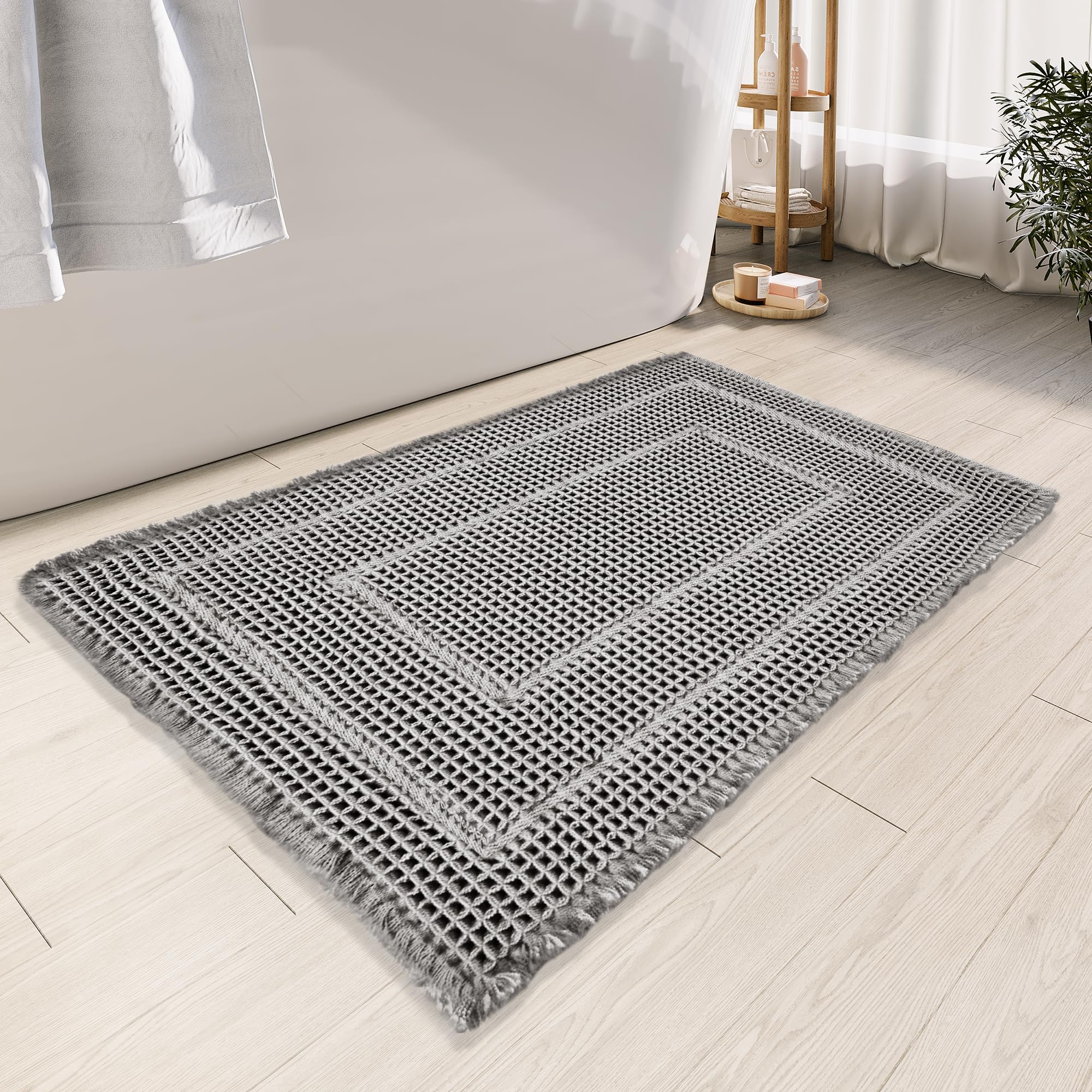 Bululom Bath Mats For Bathroom Non Slip,Waffle Luxury Bath Mat,Machine Washable Bath Mat For Shower,Ultra Soft Bathmat,Gray,17''